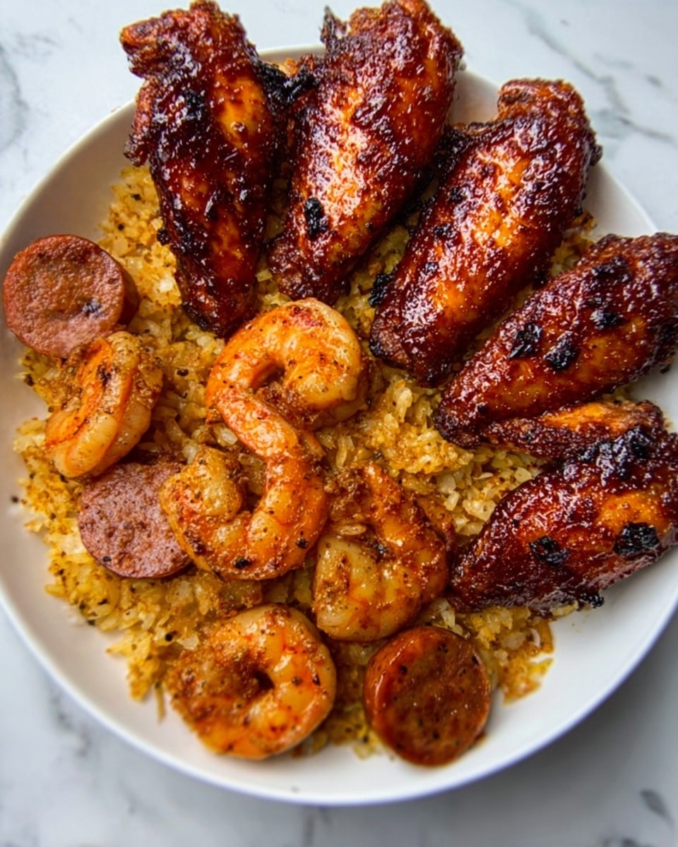 A white plate filled with a rich, colorful dish. On the right side, there are six grilled chicken wings, dark brown with a shiny, sticky glaze and small black char marks. Below and to the left, there are several shrimp cooked to a golden-orange color with light char marks and a slightly rough texture. Mixed with the shrimp are small slices of browned sausage with a smooth surface. The base layer consists of yellowish rice with bits of seasoning, spread unevenly under and around the chicken wings, shrimp, and sausage. The plate sits on a white marbled surface. Photo taken with an iphone --ar 4:5 --v 7