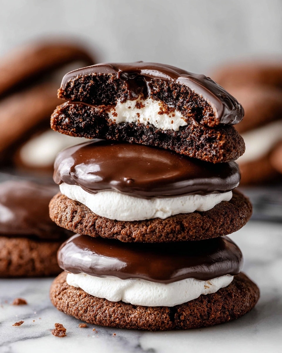 There are several round chocolate cookies arranged close together on a black cooling rack, each topped with a thick, glossy layer of swirled dark chocolate frosting. One cookie near the center has a bite taken out of it, revealing a soft, slightly crumbly interior with a light brown texture beneath the shiny chocolate top. The cookies have a rough, cracked surface and are placed on a white marbled texture background. photo taken with an iphone --ar 4:5 --v 7