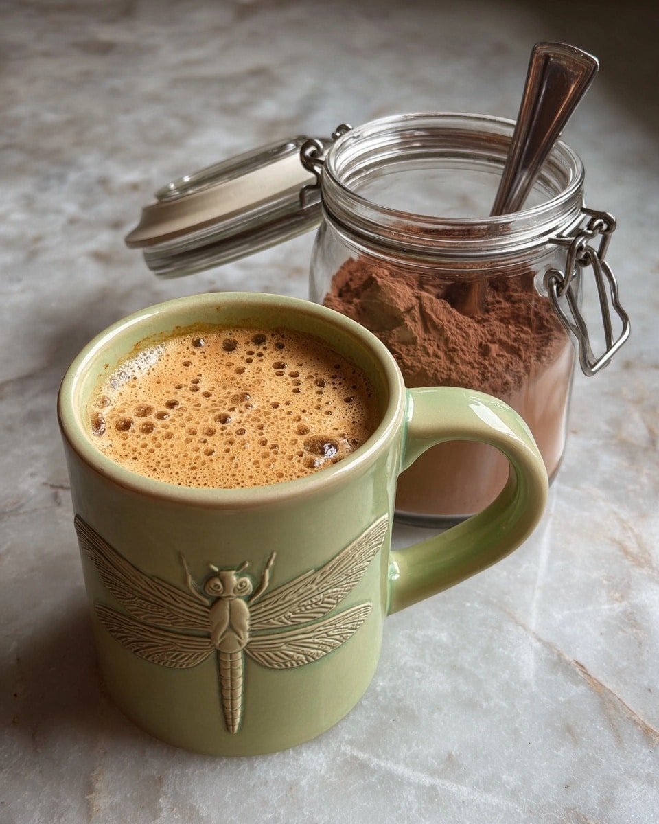 A close-up of a light brown creamy coffee drink with fine bubbles on top, inside a beige ceramic mug that has a raised dragonfly design on the front and a wide handle on the left. The mug is placed on a white marbled surface. Behind the mug, there is a clear glass jar filled with brown coffee powder, with a metal clasp lid open and a silver spoon inside. The sunlight casts soft shadows and highlights on both the mug and jar, giving a warm and cozy feeling. photo taken with an iphone --ar 4:5 --v 7