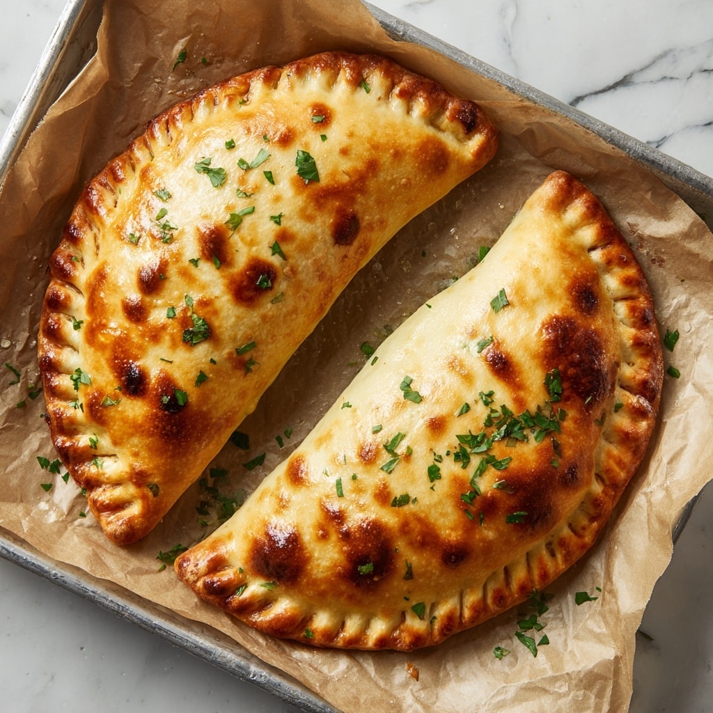 Two baked calzones with golden brown crusts sit on parchment paper. Each calzone is folded in half with crimped edges showing a slightly darker toast color. The crusts are shiny and bubbly, showing melted cheese inside. Small green herb flakes are sprinkled on top and around the calzones. The background is a white marbled surface. photo taken with an iphone --ar 4:5 --v 7