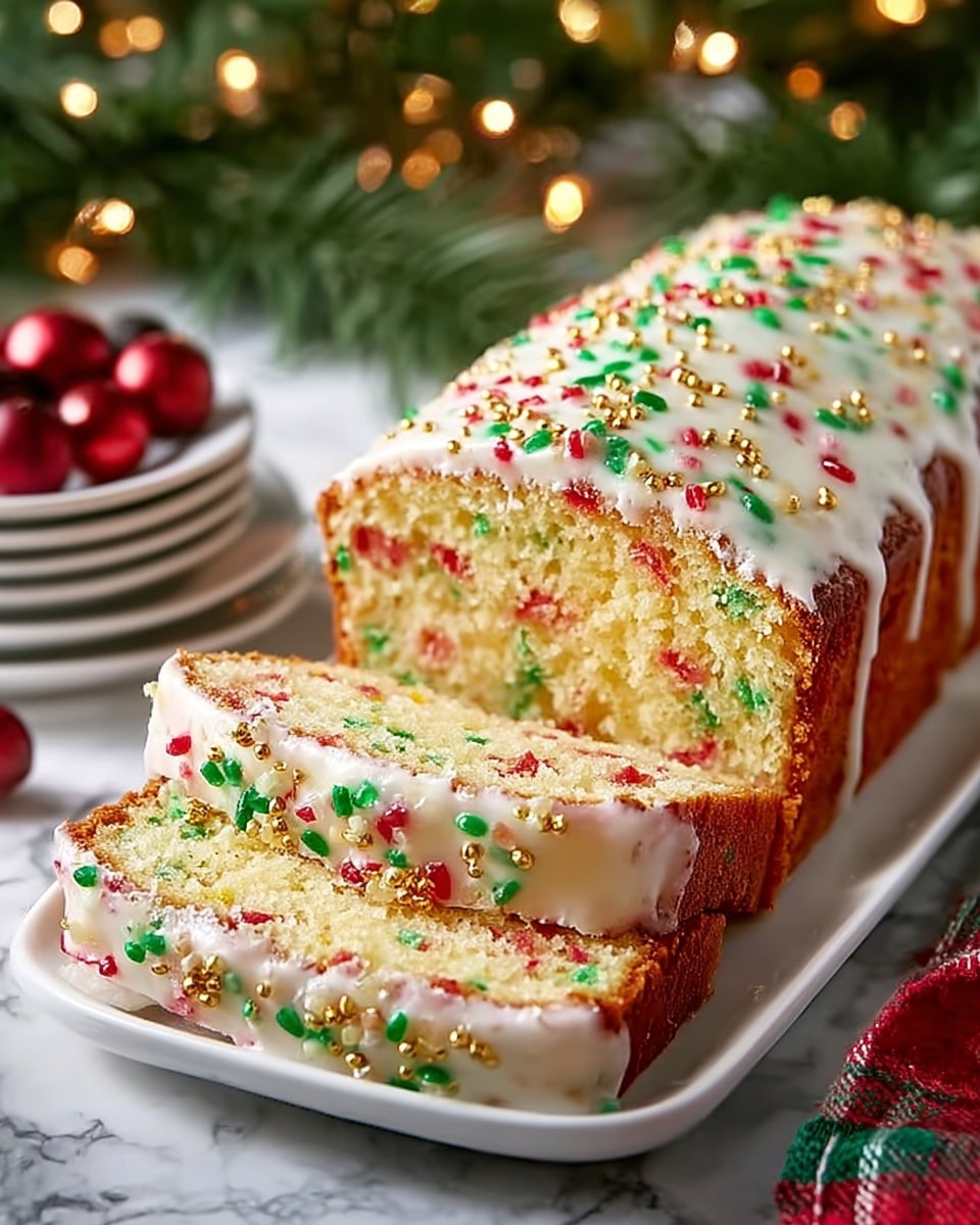 A loaf cake with two thick slices cut from one end is placed on a white rectangular plate. The cake has a light golden brown crust and a soft, pale yellow interior spotted with small pieces of red and green candied fruit throughout. The top of the cake is covered with a shiny white icing that drips slightly down the sides. The icing is decorated with tiny round red and green sprinkles. The scene has festive Christmas decorations blurred in the background, including twinkling yellow lights and a red round ornament, all set on a white marbled surface. photo taken with an iphone --ar 4:5 --v 7