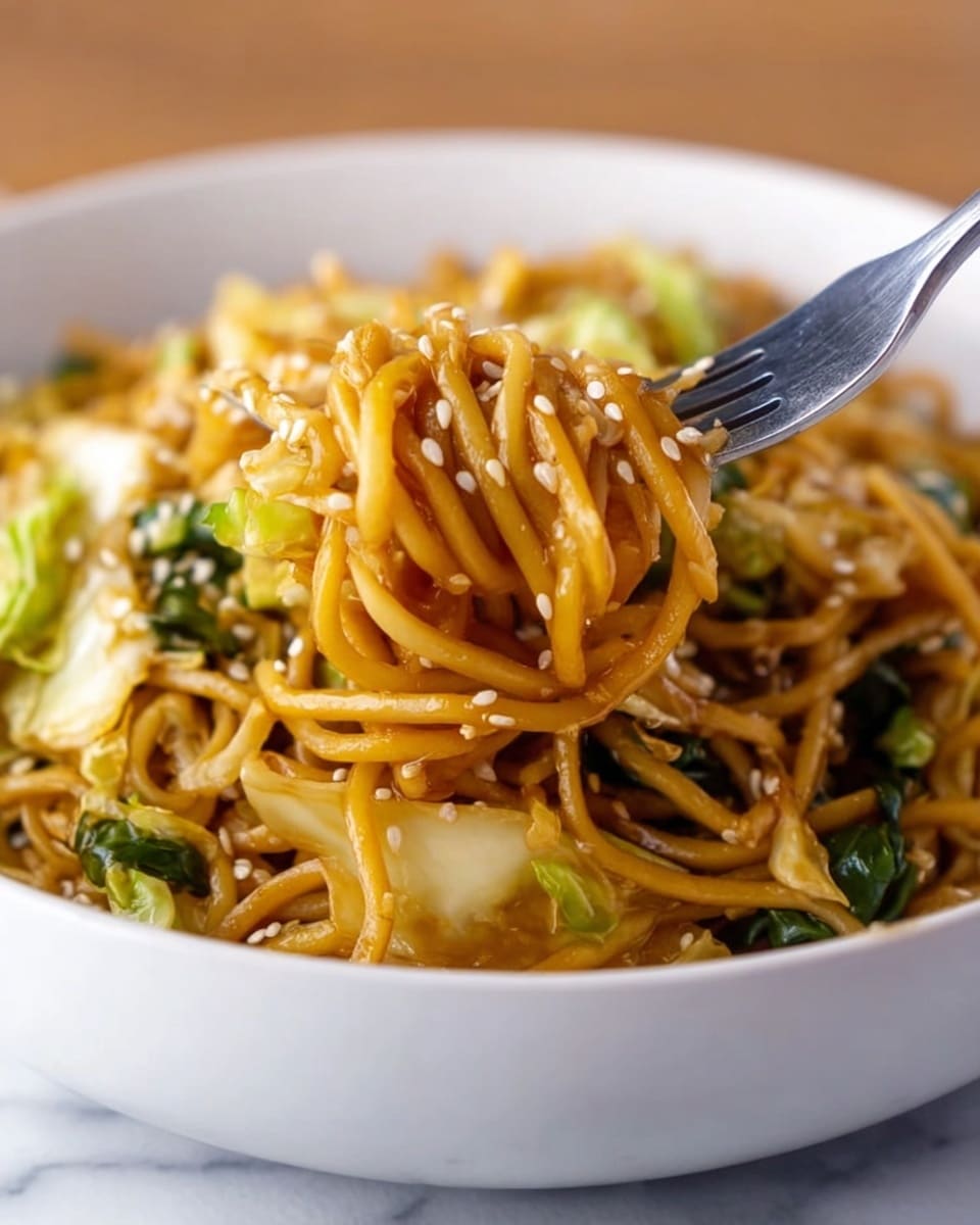 A close-up view of a white bowl filled with stir-fried noodles turning golden-brown, topped with small sesame seeds scattered across the surface. The noodles have a shiny, slightly oily texture and are mixed with pieces of bright green leafy vegetables and light-colored cabbage. A silver fork is lifting a twist of the noodles from the bowl, showing their smooth, thick strands and some vegetable bits intertwined. The background features a soft focus with a white marbled texture surface under the bowl. photo taken with an iphone --ar 4:5 --v 7