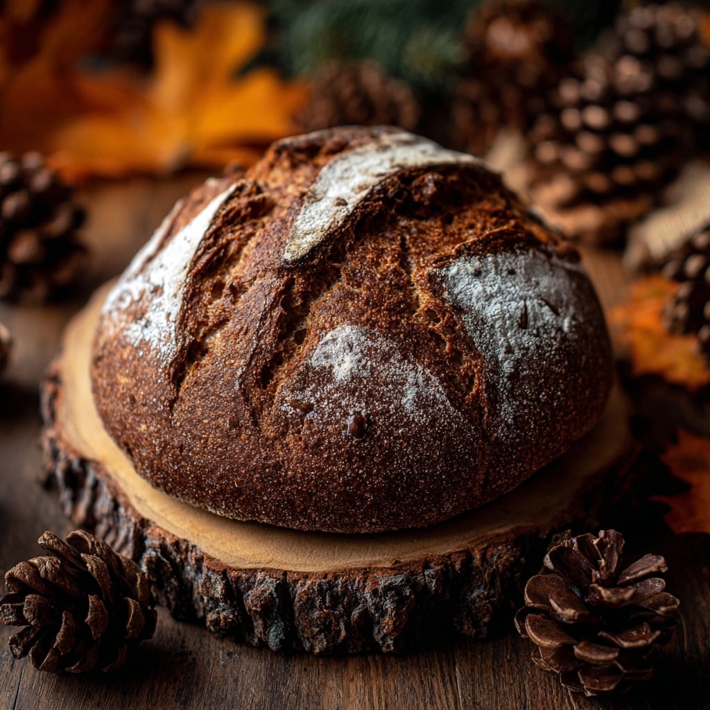 A round loaf of dark brown bread with a rough, crusty texture sits on a thick wooden slab with bark edges. The bread's surface is dusted with white flour and has deep, uneven cracks showing a softer, airy inside. Around the bread are pine cones and orange autumn leaves, all set on a dark wooden table with a white marbled texture in the background, creating a warm, rustic atmosphere. photo taken with an iphone --ar 4:5 --v 7