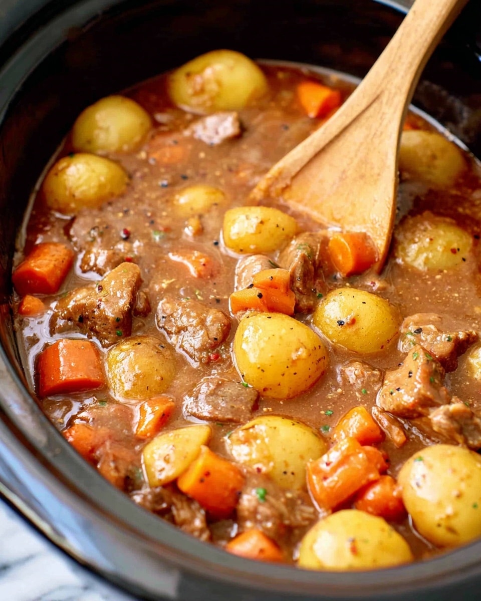 A close-up view of a thick stew in a slow cooker, showing layers of small round yellow potato slices with smooth skins, bright orange baby carrots, and chunks of browned meat, all swirled in a rich, glossy brown sauce with visible specks of black pepper and bits of vegetables. A wooden spoon is partially dipped into the stew from the top left corner. The slow cooker has a dark rim and the background is a white marbled texture. Photo taken with an iphone --ar 4:5 --v 7