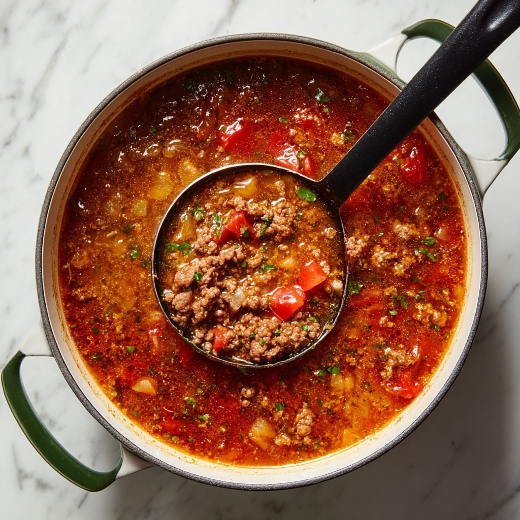 A ladle holds a thick stew that has three main layers mixed together: a reddish-brown tomato broth with a shiny, slightly oily surface, tender cooked ground meat in small brown pieces, and soft translucent onion slices with hints of white and light yellow. The stew also contains scattered chunks of bright red tomato and bits of rice that add texture. Small green herb pieces are sprinkled throughout, giving a fresh touch. The ladle is black and is inside a white pot with a green handle, all placed on a white marbled surface. Photo taken with an iphone --ar 4:5 --v 7