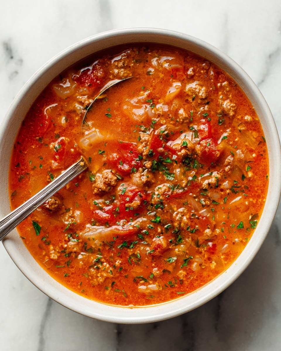 A white bowl filled with a thick, orange-red soup featuring visible layers of ground meat, small pieces of rice, and chunks of tomato and onion, all covered in a rich, slightly oily broth with tiny flecks of green herbs scattered throughout. A silver spoon rests inside the bowl, partly submerged in the soup, showing the texture of the liquid and ingredients close up. The bowl sits on a white marbled surface. photo taken with an iphone --ar 4:5 --v 7