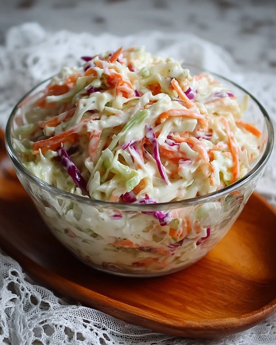A clear glass bowl filled with a creamy coleslaw mixture sits on a wooden tray with a white lace cloth beneath it; the coleslaw has several layers of shredded white cabbage, bright orange carrot strips, pale green pieces, and some small purple cabbage strands, all coated smoothly in a thick white dressing giving it a glossy, moist texture. The bowl is nearly full with the coleslaw piled high, showing the mix of soft fibrous textures and colorful vegetables against the clear glass sides. Photo taken with an iphone --ar 4:5 --v 7