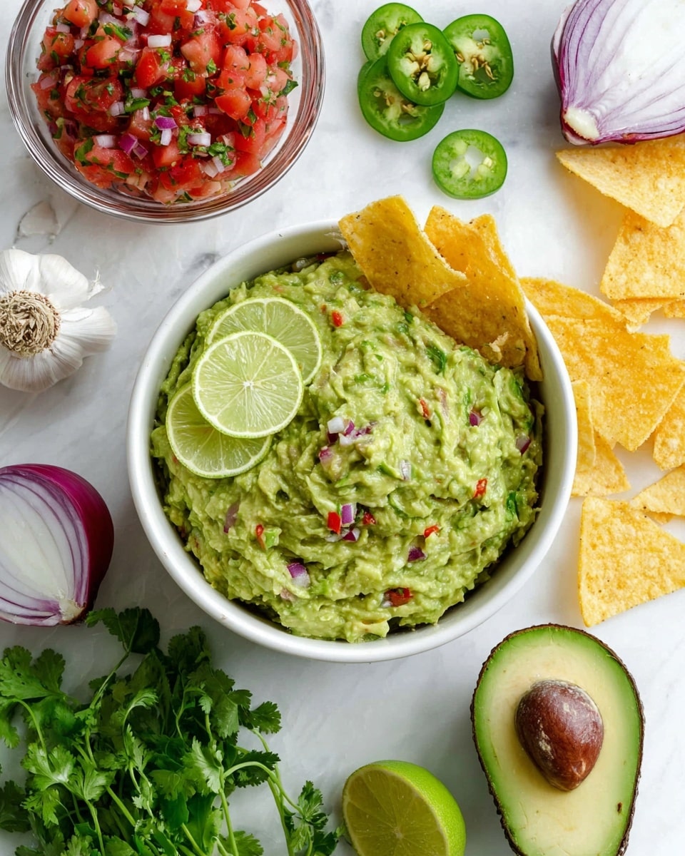 A white bowl filled with chunky green guacamole, showing bits of red and green mixed inside, topped with two lime wedges on the left side and two yellow tortilla chips placed in the guacamole on the right side. Around the bowl, there is a glass jar with red and green salsa on the left, a green sliced jalapeño pepper above the bowl, and several yellow tortilla chips scattered near the top right. Slices of avocado with green flesh and brown pit are at the bottom left. Garlic cloves, a piece of red onion, and fresh green cilantro leaves are placed on a white marbled texture surface around the bowl. Photo taken with an iphone --ar 4:5 --v 7