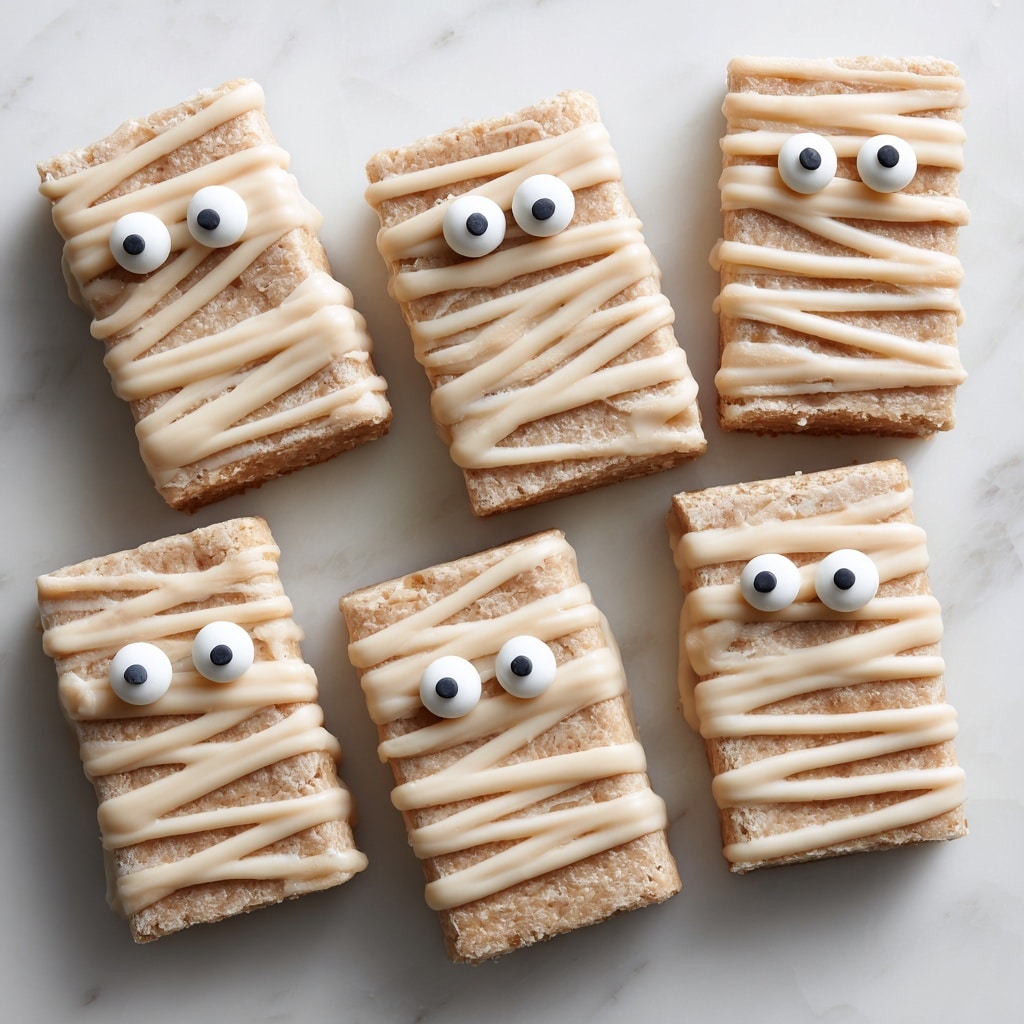 The image shows five mummy-themed dessert bars on a white marbled surface, each bar rectangular and covered with strips of white icing that look like mummy bandages. Two small round candy eyes with black pupils are placed on the top center of each bar, adding a playful face. The base layer of the bars is a light brown color, slightly rough with a crumbly texture, visible beneath the icing strips. The bars are arranged closely but not touching, creating a neat, festive display. Photo taken with an iphone --ar 4:5 --v 7