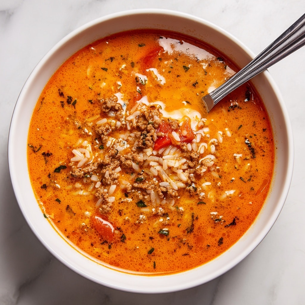 A white bowl filled with a thick vegetable soup showing three main layers: the bottom layer is a light orange broth with small bits of herbs visible, the middle layer contains chunks of bright orange carrots, light yellow potatoes, and vibrant red tomatoes, while the top layer is sprinkled with white rice pieces and chopped green herbs, with some floating bits of corn. A wooden spoon handle is partially dipped into the soup from the right side of the bowl. The bowl is on a white marbled surface with a striped cloth visible in the bottom left corner. Photo taken with an iphone --ar 4:5 --v 7