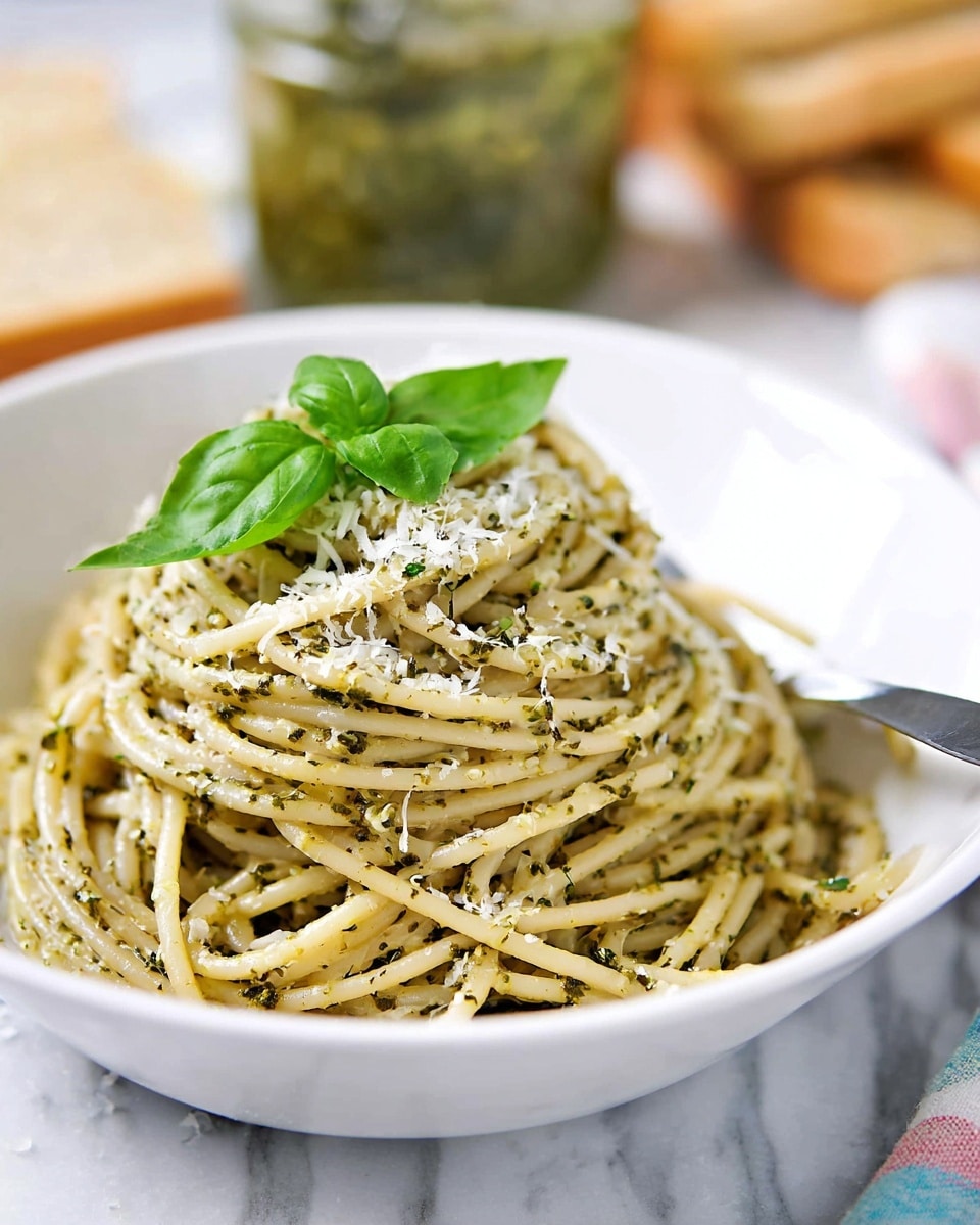 A white bowl filled with a single tall nest of spaghetti, each strand coated with green herb flakes and sprinkled with white grated cheese, topped with a fresh bright green basil leaf. The pasta has a slightly glossy texture and sits neatly twisted in the middle of the bowl. In the background, blurred pieces of beige bread and a jar with green contents are visible on a white marbled surface, with a fork resting on the right edge of the bowl. The scene is bright and focused on the pasta. photo taken with an iphone --ar 4:5 --v 7