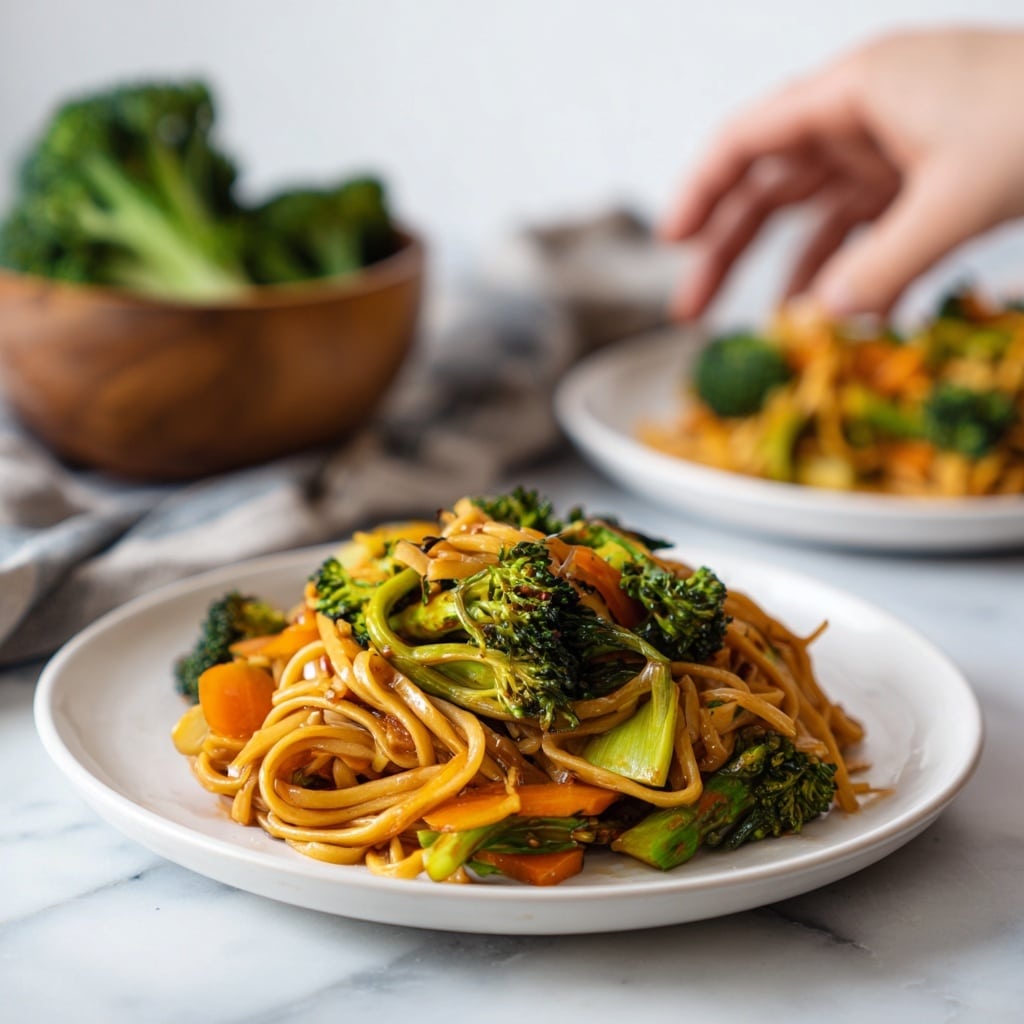 A white plate holds a colorful serving of stir-fried noodles mixed with bright green broccoli florets and chunky orange carrot pieces, layered evenly on top. The noodles look soft and slightly glossy, with the vegetables scattered throughout, creating a fresh and vibrant look. The plate rests on a white marbled surface next to another plate of the same dish and a wooden bowl filled with broccoli. In the background, a woman's hand is reaching out near the edge of the frame. photo taken with an iphone --ar 4:5 --v 7