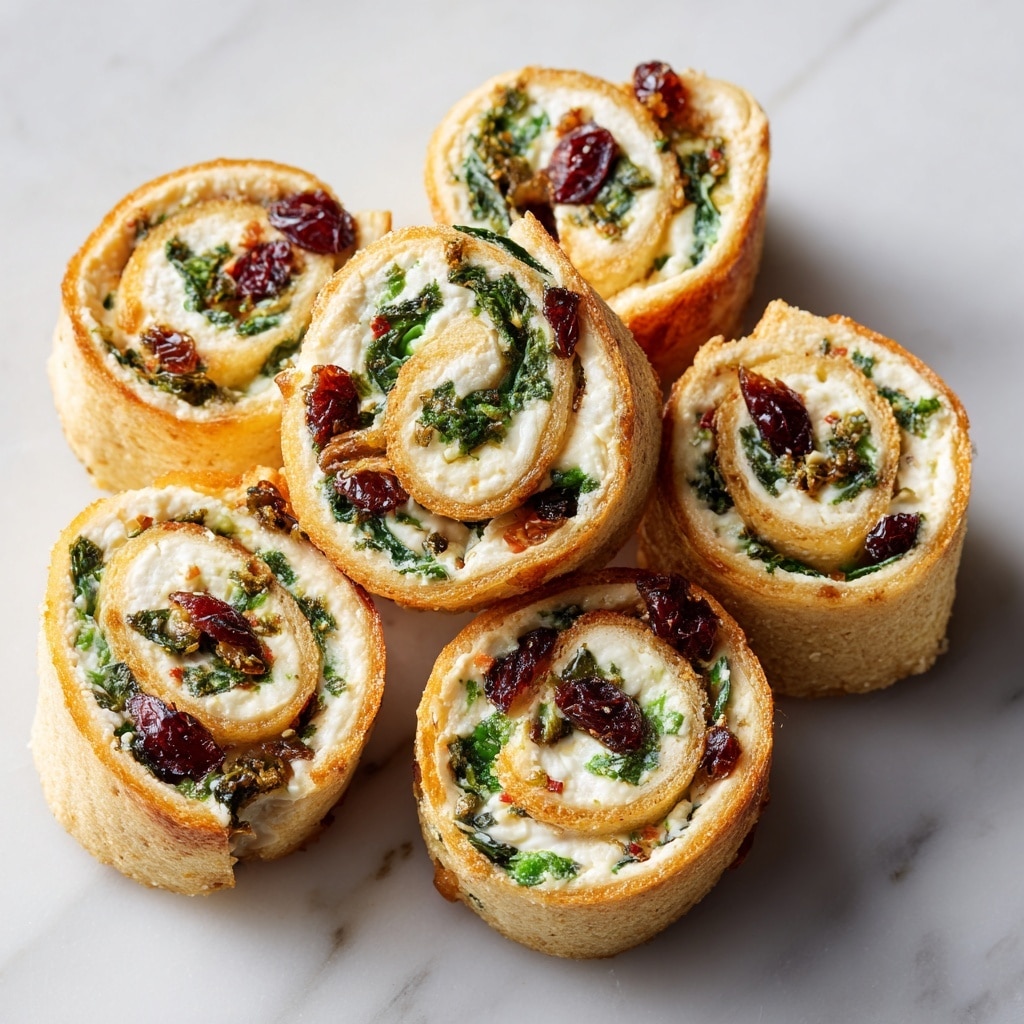 The image shows a close-up view of several rolled pinwheel snacks arranged closely together. Each roll has a golden-brown outer layer that looks soft and slightly toasted. Inside, there are three clear layers: a creamy white layer of cheese, a thin green layer that appears to be chopped herbs or vegetables, and a dark red layer made of dried cranberries or similar fruit, giving a mix of smooth, leafy, and chewy textures. The rolls are cut thickly, showing the swirl pattern well, and they sit on a white marbled surface. Photo taken with an iphone --ar 4:5 --v 7