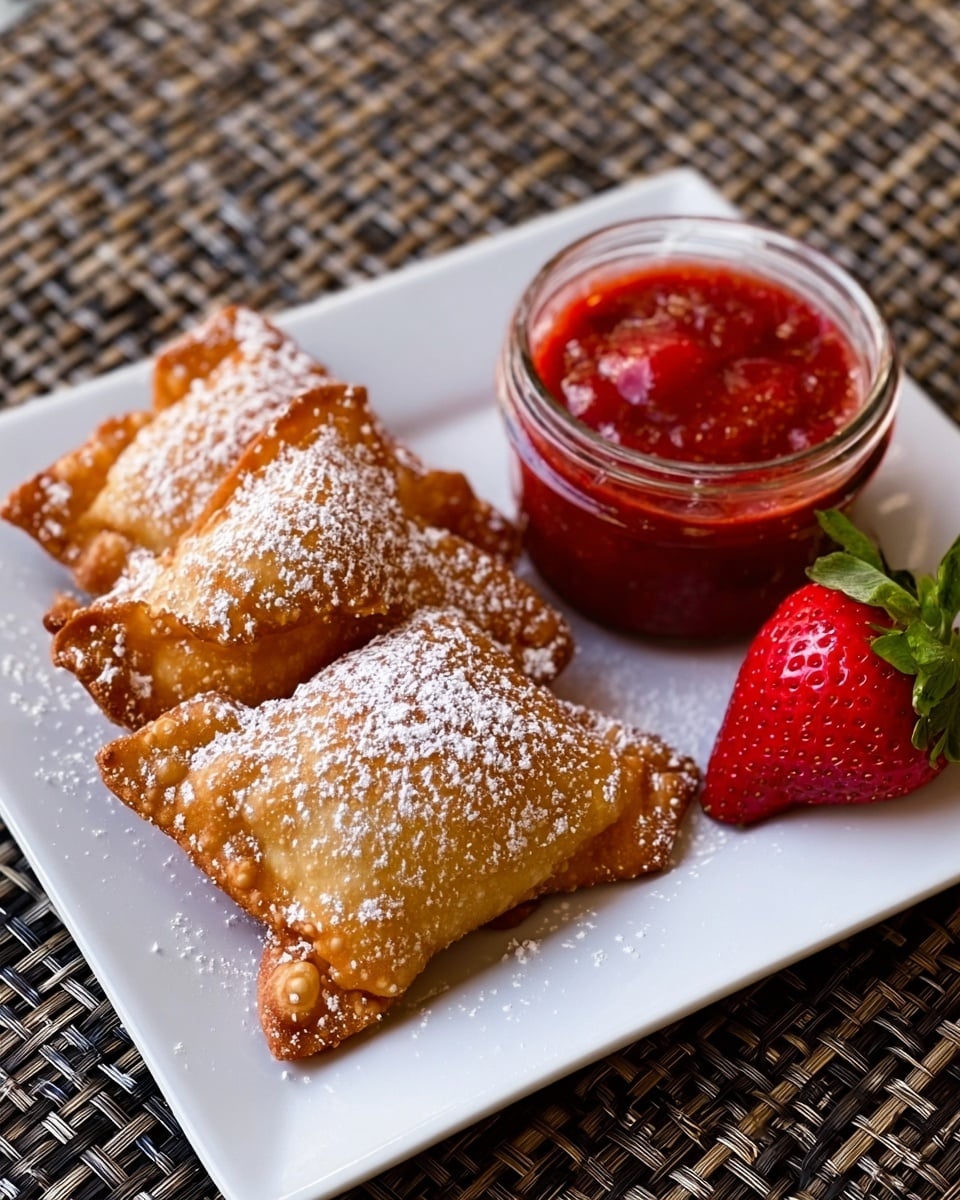 The image shows a black rectangular plate on a white marbled texture, holding three golden-brown fried pastries with a slightly flaky crust, each dusted with a light layer of powdered sugar. Behind the pastries, there is a clear glass bowl filled with bright red chunky strawberry sauce. To the right of the bowl, a single plump red strawberry with its green top still attached rests on the plate. The textures of the fried pastries appear crisp and crunchy, contrasting with the smooth, juicy look of the sauce and strawberry. The photo taken with an iphone --ar 4:5 --v 7