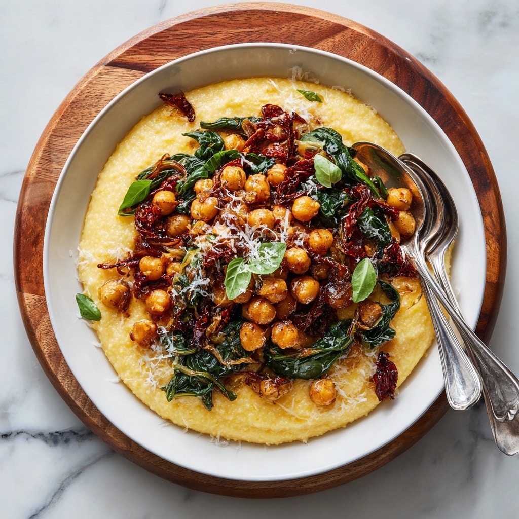 A white plate sits on a round wooden board over a white marbled surface, filled with creamy yellow polenta as the base layer, smooth in texture and spread evenly; on top are roasted golden chickpeas, caramelized light-brown onions, dark green sautéed spinach, and deep red sun-dried tomatoes scattered around, creating a mix of colors and textures; small fresh green basil leaves garnish the dish, and some grated white cheese adds a sprinkle detail; two silver spoons rest on the plate’s edges near the food, enhancing the rustic look. photo taken with an iphone --ar 4:5 --v 7