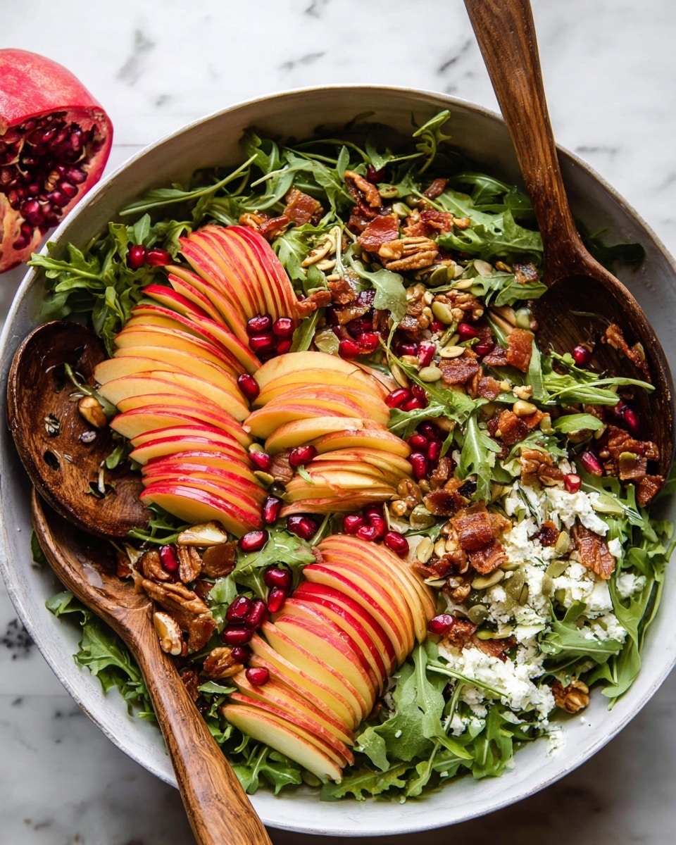 A fresh salad in a white bowl filled with vibrant green arugula leaves as the base, layered with thinly sliced red apples with pale white flesh, and scattered with bright red pomegranate seeds. There are chunks of light green avocado and small bits of crumbly white cheese sprinkled across the top. Crunchy roasted pecans and pumpkin seeds with a golden-brown toasted look add texture, while thin, crispy pieces of bacon are also mixed in. A wooden spoon rests on the side within the bowl, and the bowl sits on a white marbled surface with some pomegranate seeds and pecans around it. Photo taken with an iphone --ar 4:5 --v 7