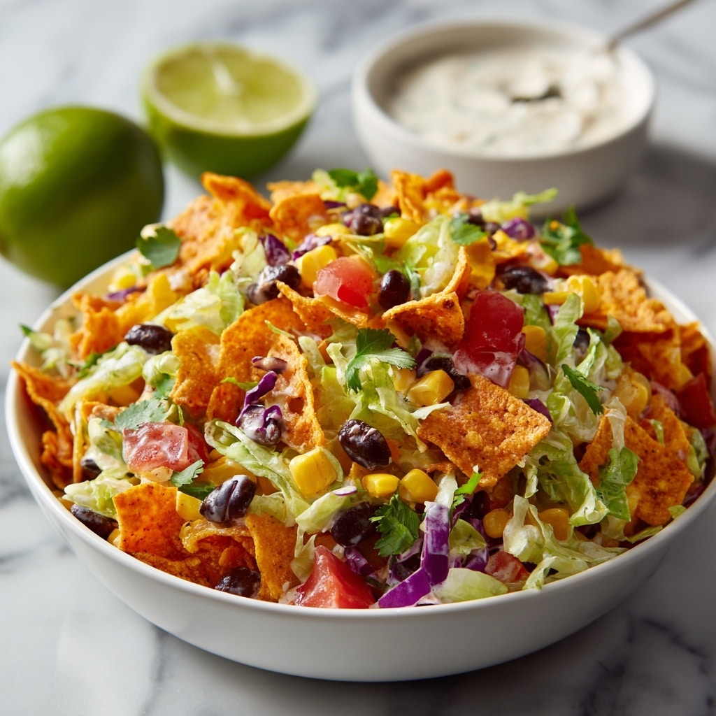 A close-up of a white bowl filled with a colorful layered salad consisting of bright orange corn chips broken into pieces, black beans, yellow corn kernels, shredded pale green cabbage and purple cabbage, small chopped red tomatoes, and green herbs, all mixed with a creamy dressing that lightly coats the ingredients, giving a textured look with a mix of crunchy and soft elements; in the background, a half lime and a small white bowl with a creamy dip sit on a white marbled surface. photo taken with an iphone --ar 4:5 --v 7