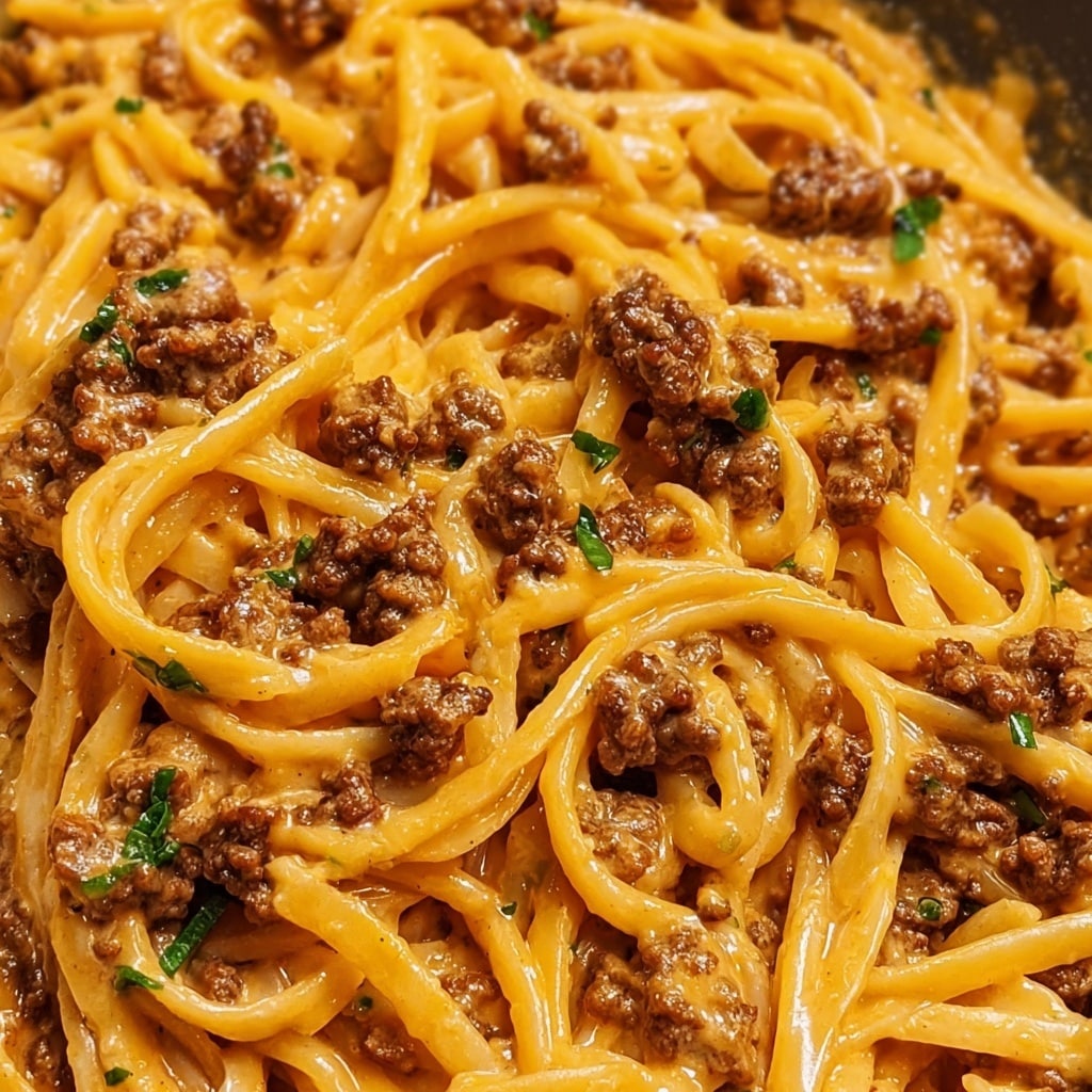 This image shows a close-up of creamy pasta with cooked ground meat mixed in. The pasta strands are long and coated in a thick, smooth, orange-colored sauce. The cooked ground meat pieces, dark brown in color, are evenly spread throughout the pasta, adding texture. Small bits of green herbs are sprinkled lightly, providing a fresh contrast. The whole dish has a moist, glossy look, and the ingredients are well combined and layered closely. The photo taken with an iphone --ar 4:5 --v 7