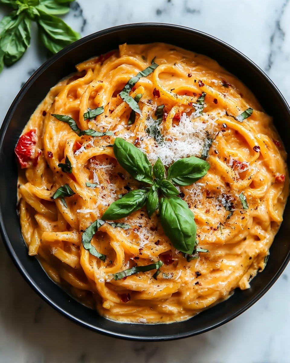 A bowl of creamy orange pasta with smooth, thick sauce swirled around long, thick noodles, topped with bright green basil leaves and small red tomato chunks scattered on top. There are black pepper flakes and a sprinkle of grated cheese adding texture and contrast on the surface. The pasta is served in a white bowl on a white marbled surface, with some green basil leaves visible in the background. photo taken with an iphone --ar 4:5 --v 7