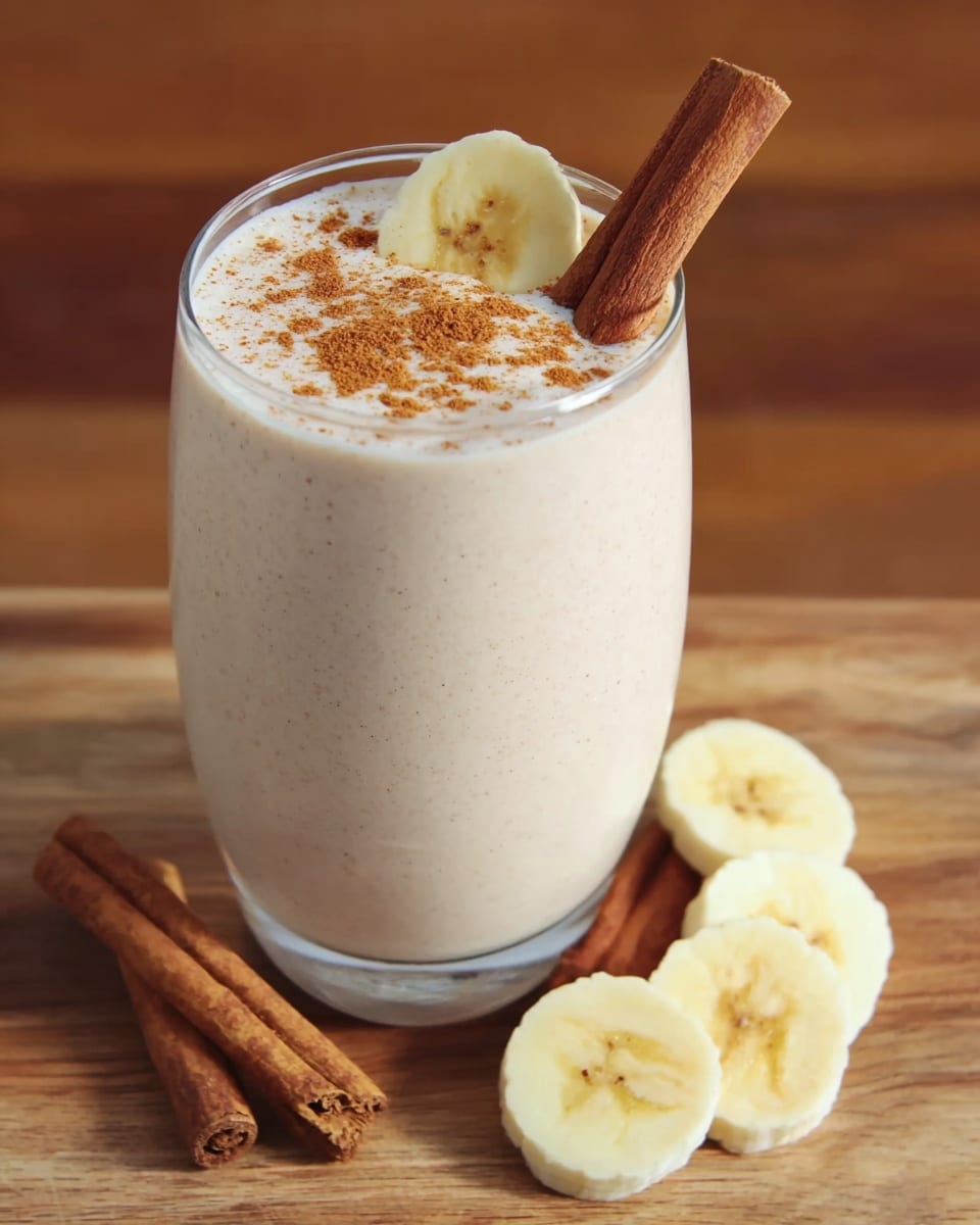A close-up image of a creamy light beige banana smoothie in a clear rounded glass, topped with two thin banana slices and a light dusting of cinnamon powder on the surface. A cinnamon stick is placed vertically inside the smoothie on the right side, and a banana slice is pierced with a metal straw on the left side of the glass rim. Surrounding the glass at the bottom are several banana slices and two cinnamon sticks resting on a white marbled texture. Photo taken with an iphone --ar 4:5 --v 7