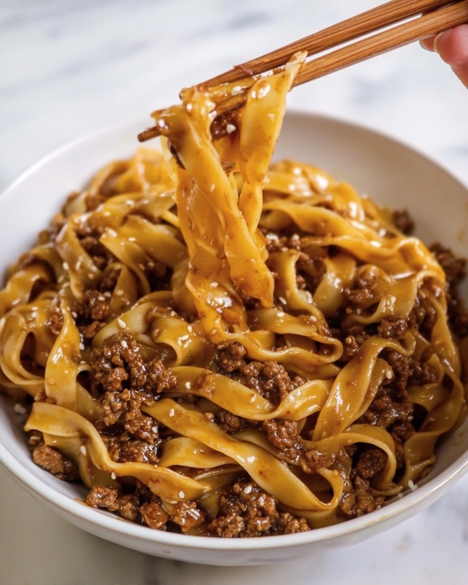 A white bowl filled with flat, wide noodles in a glossy brown sauce mixed with small pieces of cooked ground meat. The noodles are coated evenly with the sauce, appearing shiny and slightly oily, while the ground meat shows a crumbled texture and dark brown color. A woman's hand holding wooden chopsticks lifts a small bundle of noodles from the bowl, showing the sauce glistening and small sesame seeds sprinkled throughout. The bowl sits on a white marbled surface. photo taken with an iphone --ar 4:5 --v 7