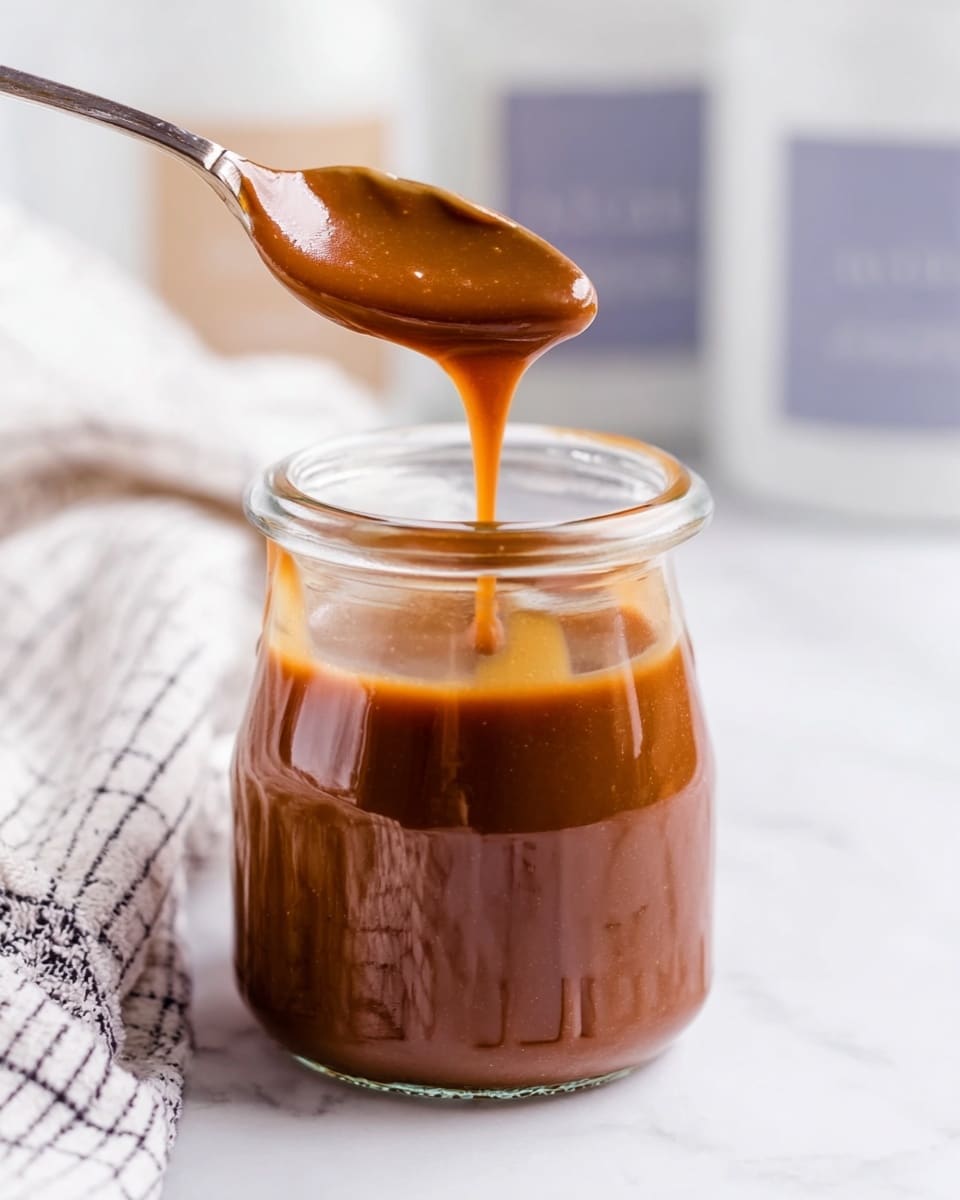A clear glass jar filled with shiny, thick caramel sauce has a woman's hand holding a silver spoon above it, dripping smooth caramel back into the jar. The caramel is rich brown with a glossy texture. The jar sits on a white marbled surface, and in the blurred background, there are white containers with soft text. A white cloth with black checks is partly visible beside the jar. The lighting is soft and bright, highlighting the smoothness of the caramel and the glass jar. photo taken with an iphone --ar 4:5 --v 7
