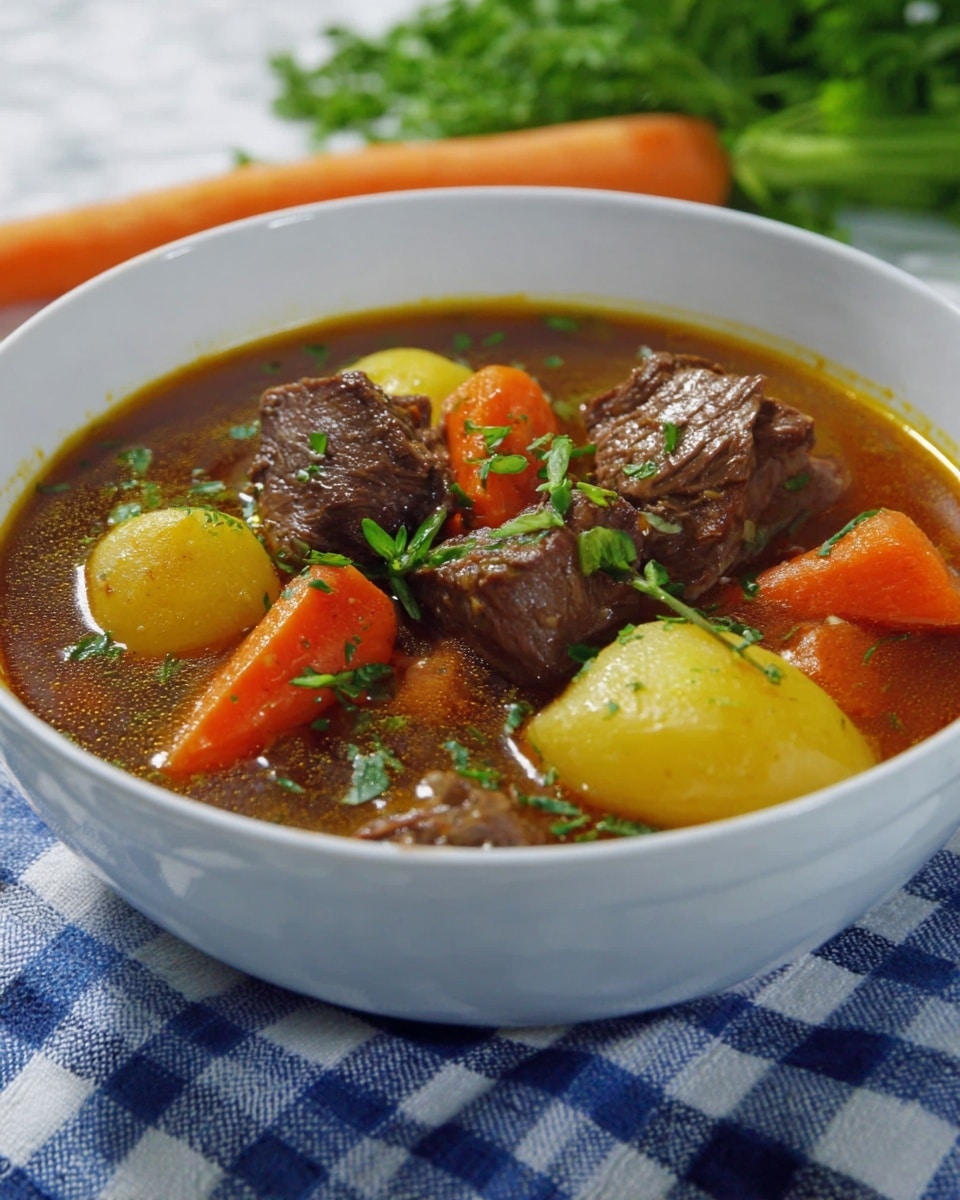 A round white bowl holds a two-layer dish: the bottom layer is a smooth, creamy, white mashed potato base spreading evenly in the bowl, and the top layer is a rich brown beef stew with visible chunks of tender beef, bright orange carrot pieces, and small bits of onion, all coated in a glossy gravy. The stew is garnished with fresh green herbs sprinkled over the top. The bowl sits on a white marbled surface, and a fork is visible in the background. photo taken with an iphone --ar 4:5 --v 7