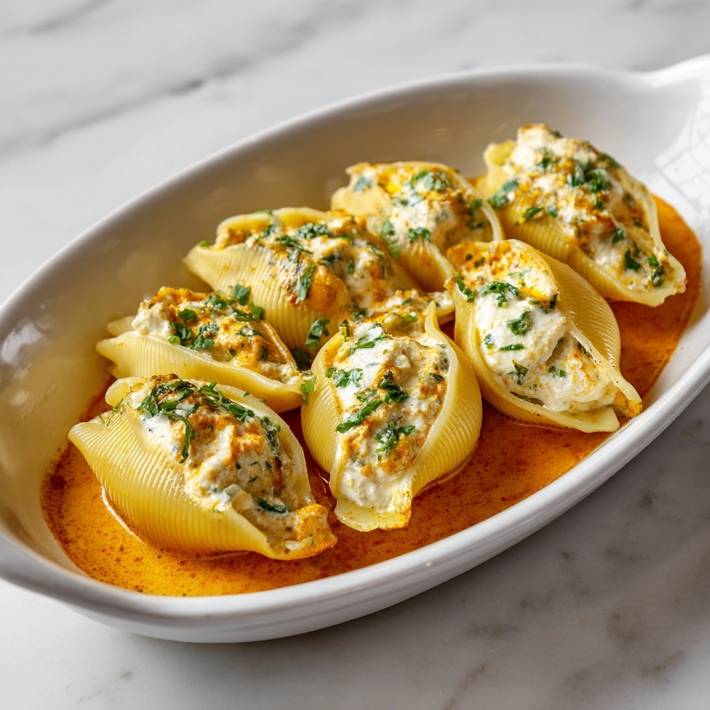 A white oval dish filled with large yellow pasta shells, each stuffed with a creamy white cheese mixture, arranged neatly on a thick orange sauce spread at the base. The pasta shells have a ridged texture and are placed close together, covering the sauce fully. Small, dark green sage leaves are scattered lightly over the pasta, adding a fresh touch. The dish rests on a surface with a white marbled pattern visible at the edges. Photo taken with an iphone --ar 4:5 --v 7