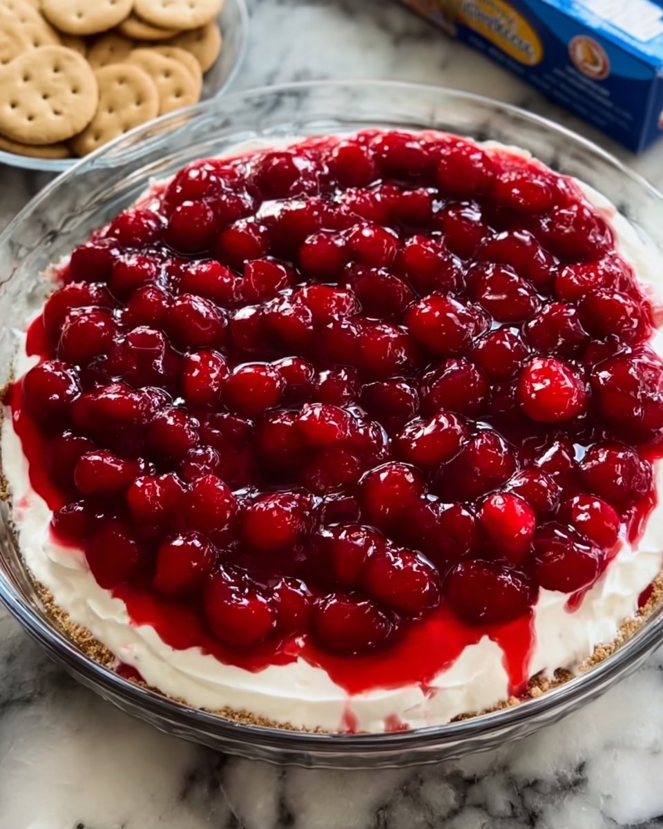 A clear glass bowl holds a dip with three layers: the bottom layer is white and creamy, the middle layer is bright red with cherry pieces creating a shiny, textured surface, and the top of the dip is glossy cherry topping. In the foreground, a woman’s hand with teal nail polish holds a square cracker topped with the same white creamy layer and red cherry topping, with a full cherry placed on the very top. The background is a white marbled surface. Photo taken with an iphone --ar 4:5 --v 7