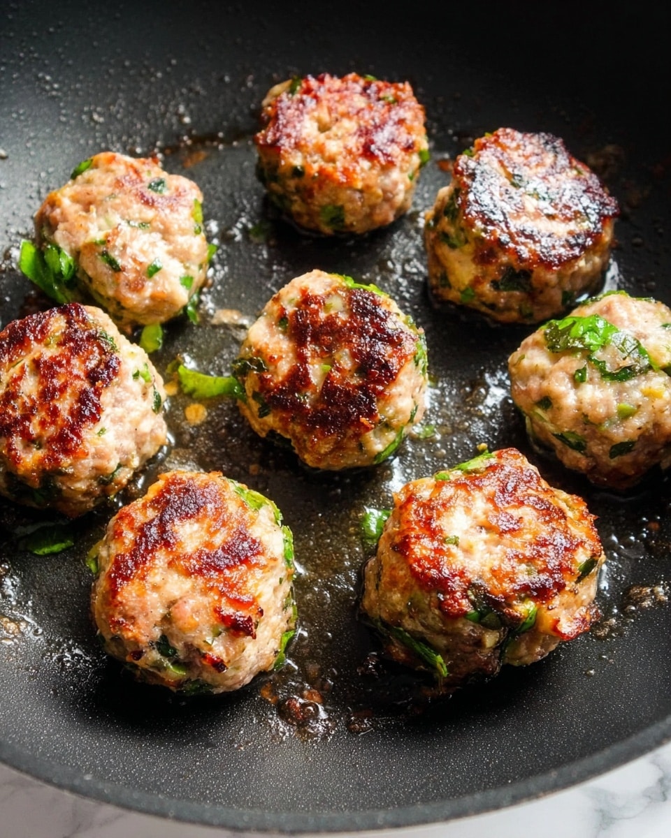 Seven small round meatballs cook in a dark pan, each with a golden-brown crispy top and light beige body mixed with green bits of herbs and vegetables, giving them a textured, uneven surface. The meatballs show slight browning on the sides and edges where the heat has made the outer layer firm and crunchy, contrasting with the softer, speckled interior. The pan has visible small droplets of oil and some cooked bits stuck to it, enhancing the fresh frying look. The scene is close-up and focused on the meatballs with a shallow depth of field, set on a white marbled texture. Photo taken with an iphone --ar 4:5 --v 7