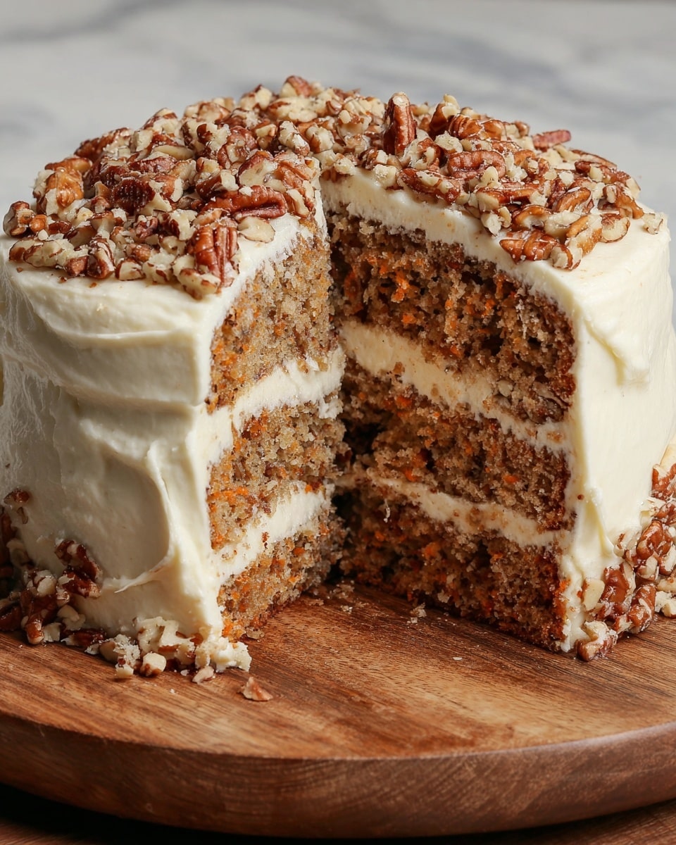 A tall three-layer cake on a wooden board with a thick light cream frosting covering the outside and between the layers. The cake inside is light brown with a soft, crumbly texture, with bits of nuts and possibly shredded carrot visible. The frosting is smooth, creamy white, and generously spread on top and the sides, topped with a layer of chopped pecans spread unevenly over the surface. A large slice is cut out from the front, showing the moist interior and creamy filling between each layer. The background is a white marbled texture. Photo taken with an iphone --ar 4:5 --v 7