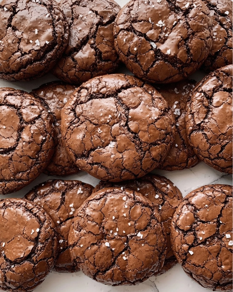 The image shows three rows of large chocolate cookies arranged closely together on a white marbled surface. Each cookie has a cracked, shiny top with a deep brown color and a slightly rough texture revealing a soft inside. The cookies look thick and chewy with some small white salt flakes sprinkled lightly on top for contrast. The overall scene is warm and inviting, focusing only on the cookies with no extra props. Photo taken with an iphone --ar 4:5 --v 7