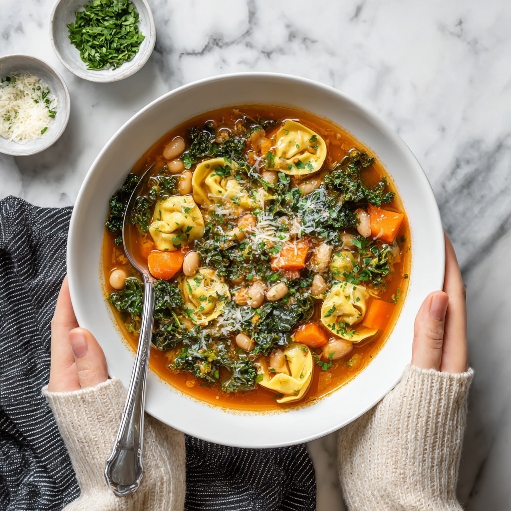 A white bowl filled with a rich broth soup that has three layers: the base layer is a clear orange tomato broth, the middle layer contains chunky bright orange carrot cubes and white beans, and the top layer has dark green kale pieces and yellow tortellini pasta. The soup is sprinkled with white grated cheese and small green parsley leaves. A silver spoon rests inside the bowl on the left. A woman's hand holds the bowl from the bottom left and another woman's hand holds the bowl from the bottom right, both visible with sleeves of a cream sweater. The bowl is placed on a white marbled surface with a dark striped cloth partly underneath it. Nearby, there are small white bowls with green herbs and grated cheese. photo taken with an iphone --ar 4:5 --v 7