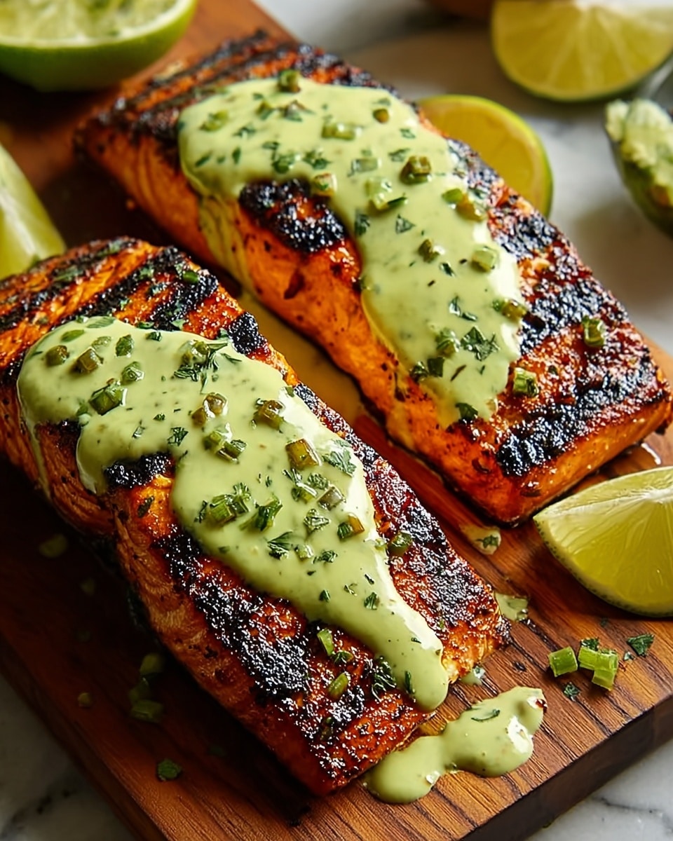 Two thick salmon fillets with dark grill marks and a crispy, charred surface are placed side by side on a wooden board. Each fillet is topped with a smooth, creamy green sauce that drips down the sides, pooling slightly at the base, and scattered with small green herb pieces. In the background, four lime wedges add a touch of bright yellow-green color, with one lime wedge close to the right edge of the image. The scene has a warm, inviting tone with a white marbled surface. photo taken with an iphone --ar 4:5 --v 7