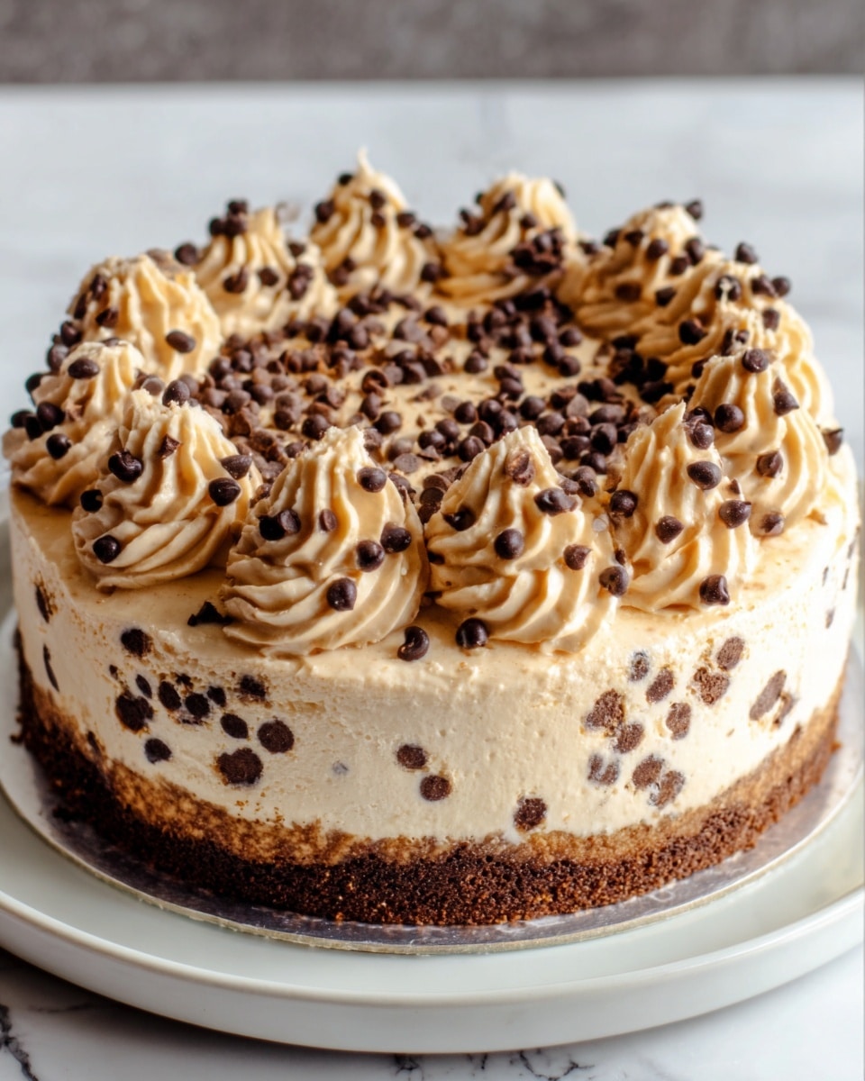 The image shows a round cake with three layers. The bottom layer is a dark brown crumbly crust, the middle layer is thick and creamy light brown, and the top layer has swirls of the same light brown cream. Each swirl is decorated with small dark chocolate chips. The sides of the cake also have many chocolate chips stuck in the cream. The cake sits on a white plate, placed on a white marbled surface. The photo is taken with an iphone --ar 4:5 --v 7