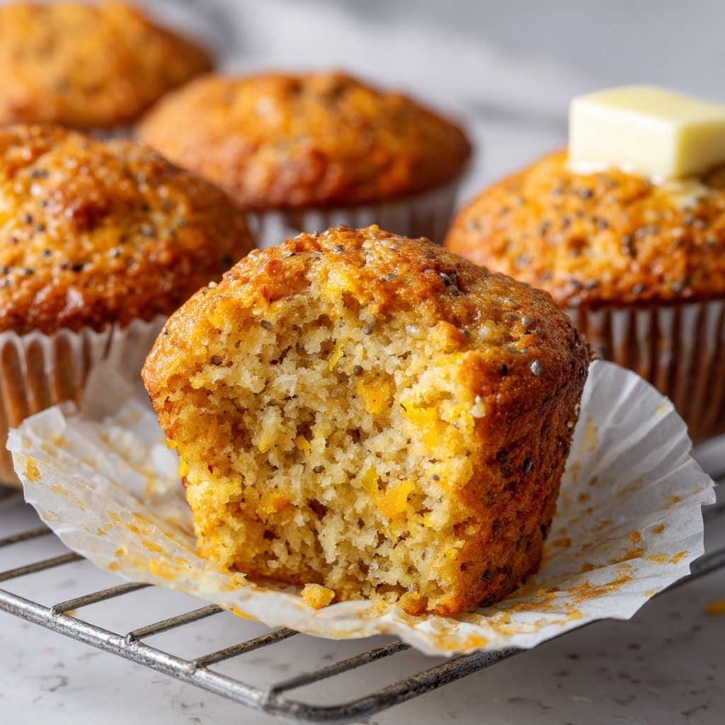The image shows a close-up of a moist orange muffin, partially eaten, with a soft and crumbly texture filled with small seeds. The muffin sits on a crinkled, unwrapped white paper liner placed on a silver metal rack with a white marbled textured surface beneath. In the slightly blurred background, four whole orange muffins with the same speckled seed texture are visible, one topped with a square pat of melting butter. The muffins have a golden brown top with a slightly shiny glaze. photo taken with an iphone --ar 4:5 --v 7