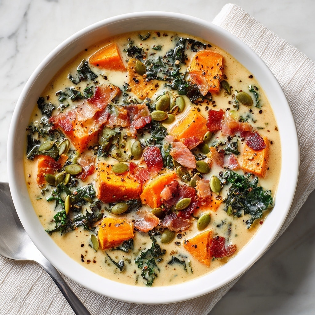 A bowl filled with a creamy soup that has several visible layers: chunks of soft, orange sweet potatoes scattered throughout, dark green leafy kale pieces mixed in, small bits of crispy brown bacon sprinkled on top, and green pumpkin seeds spread across the surface. The creamy broth is light in color and slightly thick, with specks of black pepper adding texture. The bowl is white and sits on a white marbled surface with a white cloth napkin beside it. photo taken with an iphone --ar 4:5 --v 7