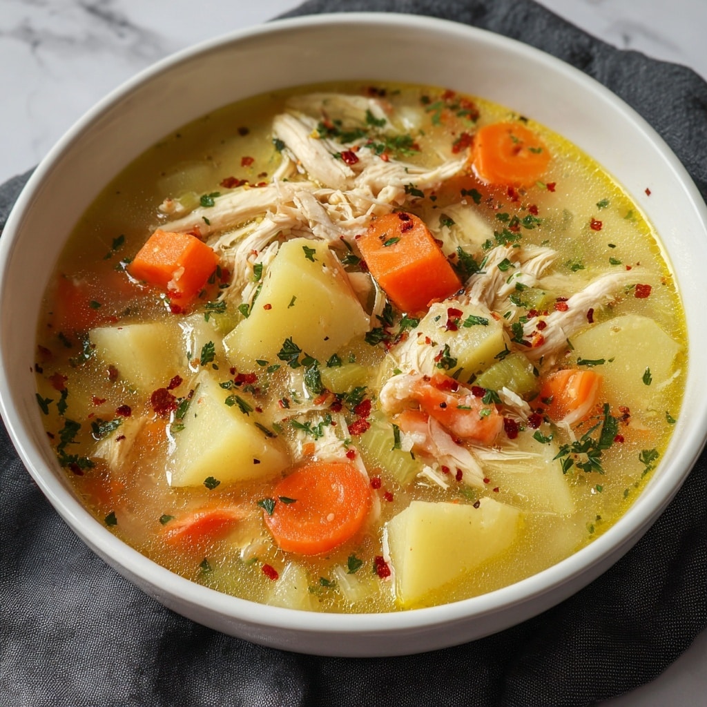 A close-up view of a white bowl filled with clear chicken soup showing soft, pale chunks of cooked chicken surrounded by medium-sized, light yellow potato pieces, bright orange carrot slices, and pale green celery bits floating in a light broth with small herb pieces sprinkled on top. A silver spoon inside the bowl holds some chicken chunks, potatoes, and a parsley leaf, all glistening with broth, while tiny pepper flakes are seen throughout the soup. The background is a clean white marbled texture. photo taken with an iphone --ar 4:5 --v 7