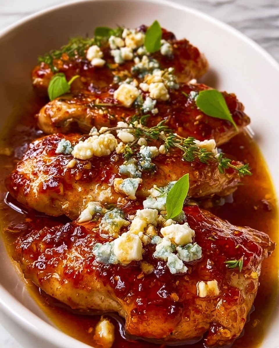 The dish shows three pieces of cooked chicken with a rich, sticky, reddish-brown sauce coating their surfaces, making them shiny. Each chicken piece is topped with small white and blue chunks of cheese scattered unevenly across the top. Green herb sprigs are placed on each piece, adding a fresh touch. The chicken rests in a thin layer of sauce pooled at the bottom of a white bowl. The texture of the chicken looks tender with some crispiness on the edges. The photo is shot close up, highlighting glossiness and details of the sauce and cheese on a white marbled surface. Photo taken with an iphone --ar 4:5 --v 7
