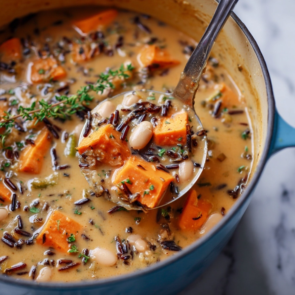 A close-up image of a thick soup in a blue pot filled with several ingredients: bright orange chunks of sweet potato, white beans, and long grains of dark wild rice, all mixed in a creamy, light brown broth. There is a sprig of fresh green thyme resting on top of the soup, and a ladle inside the pot fittingly scoops up some of the soup, showing all the colorful ingredients clearly. The background is a white marbled texture. Photo taken with an iphone --ar 4:5 --v 7