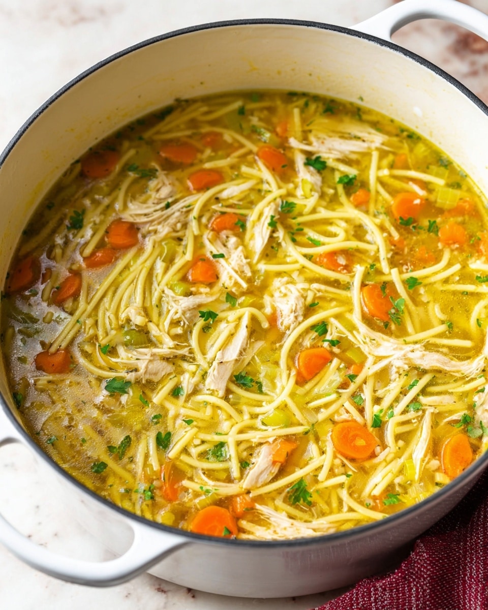A white bowl filled with chicken noodle soup showing a clear yellow broth as the first layer, with thin white noodles around the edges. Inside the soup, there are chunks of light beige shredded chicken, several round bright orange carrot slices, and green parsley leaves scattered throughout, creating color contrast. The bowl sits on a white marbled surface, with a soft-focus second bowl of the same soup in the background. photo taken with an iphone --ar 4:5 --v 7