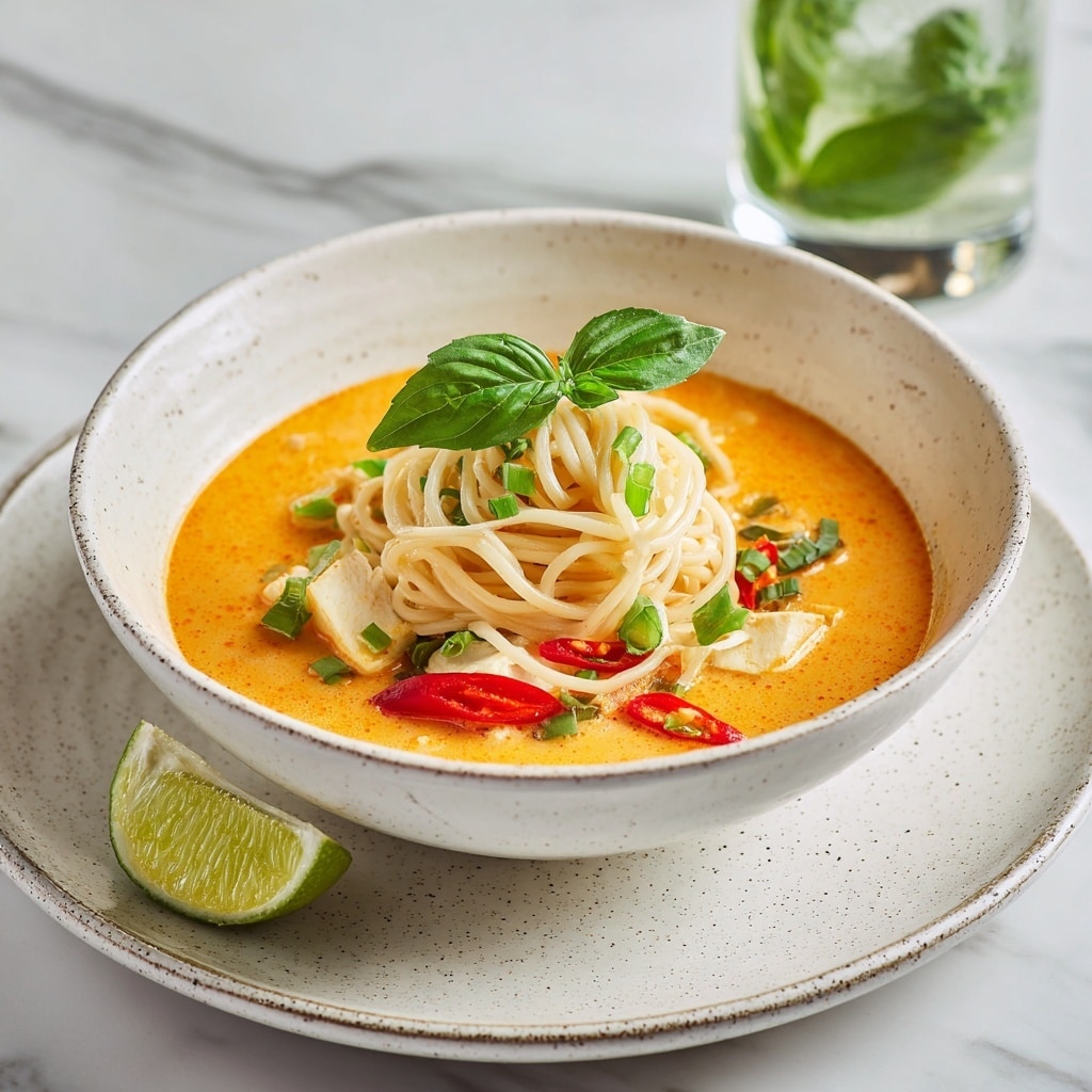 A white bowl filled with a creamy orange soup base, containing pieces of white tofu and slices of red chili pepper. On top, there is a small nest of light beige noodles arranged in the center, garnished with thin green basil strips and a fresh green basil sprig standing upright in the middle. At the edge of the bowl, a bright lime wedge adds a pop of yellow and green. The bowl sits on a matching speckled white plate, with a small glass of green basil leaves in the background, all set against a white marbled surface. photo taken with an iphone --ar 4:5 --v 7