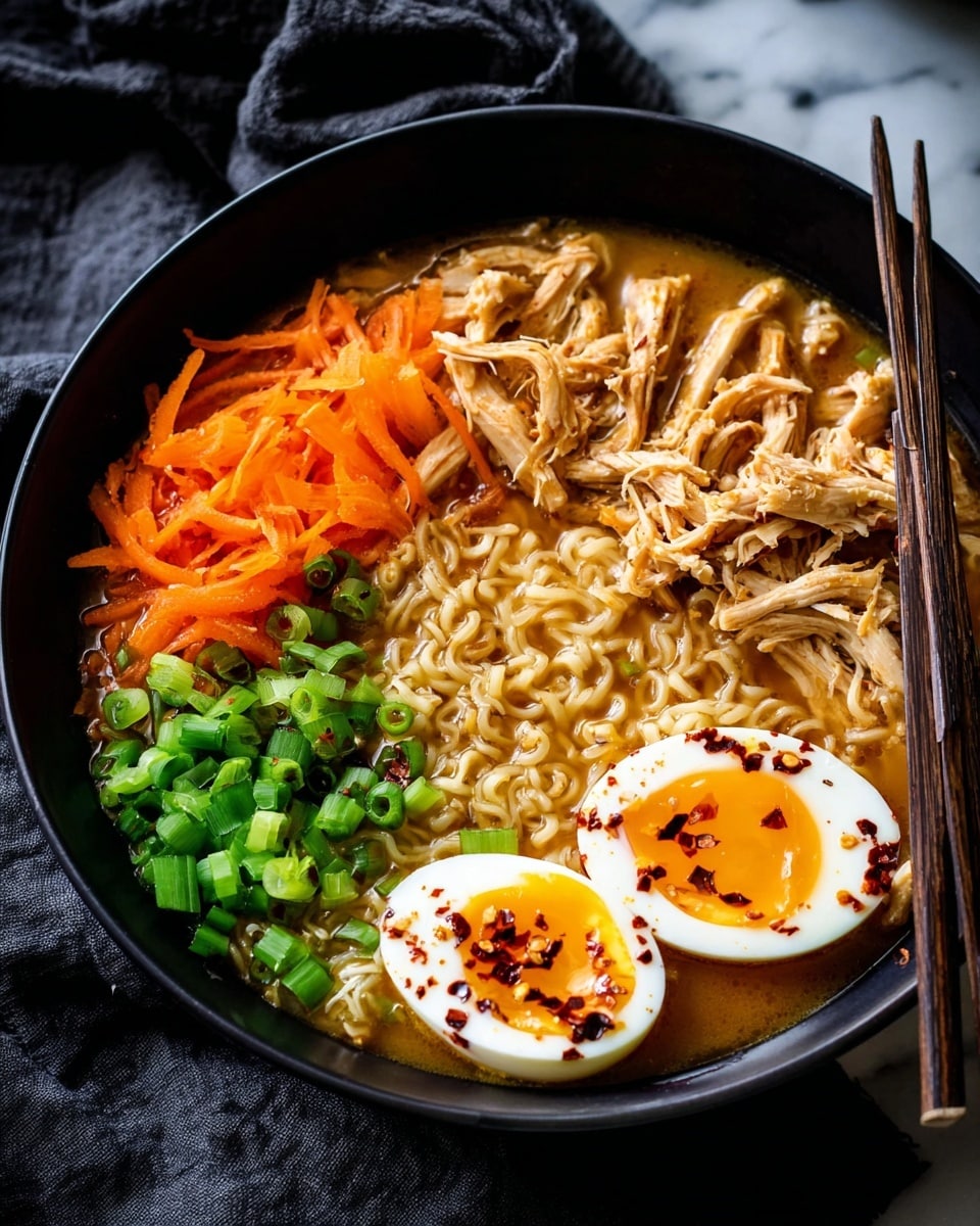 A black bowl filled with four layers: the bottom layer is light brown broth with glistening texture, above it are soft, wavy yellow noodles soaking in the broth, next there are shredded tan chicken pieces spread across the middle, topped with fresh, bright orange carrot sticks on the left side and chopped vibrant green spring onions on the right. On the far right, two halved soft-boiled eggs with shiny white edges and bright orange yolks are sprinkled with white and black sesame seeds and a pinch of red chili flakes. A pair of dark brown chopsticks rests on the edge of the bowl, all set on a white marbled surface with a dark cloth underneath. photo taken with an iphone --ar 4:5 --v 7