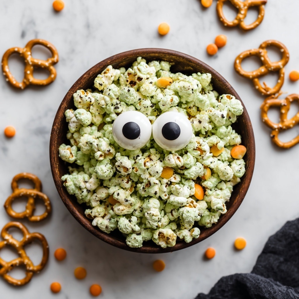 The image shows a bowl full of popcorn covered in light green sauce with black specks, giving it a textured look. Mixed in are some small, round orange snacks scattered around. On top, two white candy eyes with large black centers sit close together, and two pretzels with white salt bits are placed near the eyes, one slightly tilted to the left and the other to the right, creating a playful face effect. The bowl is dark brown and sits on a white marbled surface, with loose popcorn and pretzels around it. A piece of black cloth lies near the bowl’s bottom right corner. photo taken with an iphone --ar 4:5 --v 7