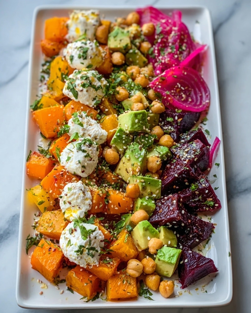 The image shows a rectangular white plate on a white marbled surface, holding a colorful and fresh salad with five distinct layers. On the left, there are bright orange roasted butternut squash cubes, next to them are light brown chickpeas. In the middle, creamy white dollops of soft cheese sit on top of vibrant green slices of avocado. To the right of the avocado, there are dark purple beetroot cubes and near them, bright pink pickled onions with a slightly shiny texture. The salad is sprinkled with small crunchy seeds and chopped herbs, adding texture and detail to the dish. photo taken with an iphone --ar 4:5 --v 7