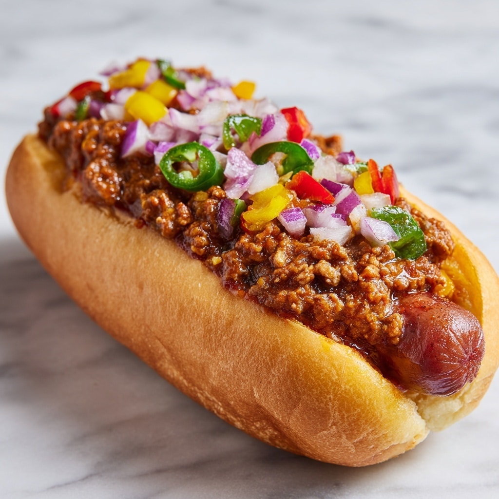 The image shows a close-up of a hot dog in a soft, light beige bun. The bottom layer is a cooked reddish-brown sausage, slightly shiny, with a split end facing the camera. On top of the sausage is a thick layer of chunky, dark brown chili with small pieces of onions and bell peppers mixed in. The chili has a moist texture with bits of finely ground meat. Above the chili, there is a colorful mix of finely chopped raw toppings, including purple onions, white onions, bright green scallions, small yellow pieces, and a small pile of bright yellow shredded cheddar cheese near the center. The hot dog is presented on a white marbled surface. photo taken with an iphone --ar 4:5 --v 7