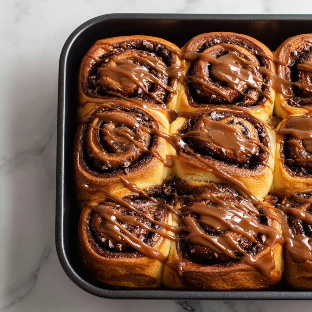 A white square dish filled with several dark brown cinnamon rolls topped with melting chocolate chips, arranged closely side by side to fill the dish. A rich, light brown glossy caramel sauce is being drizzled from a whisk above, creating thin streams and swirls over the cinnamon rolls, some sauce dripping down the sides of the dish. The background shows a white marbled texture surface under the dish. photo taken with an iphone --ar 4:5 --v 7