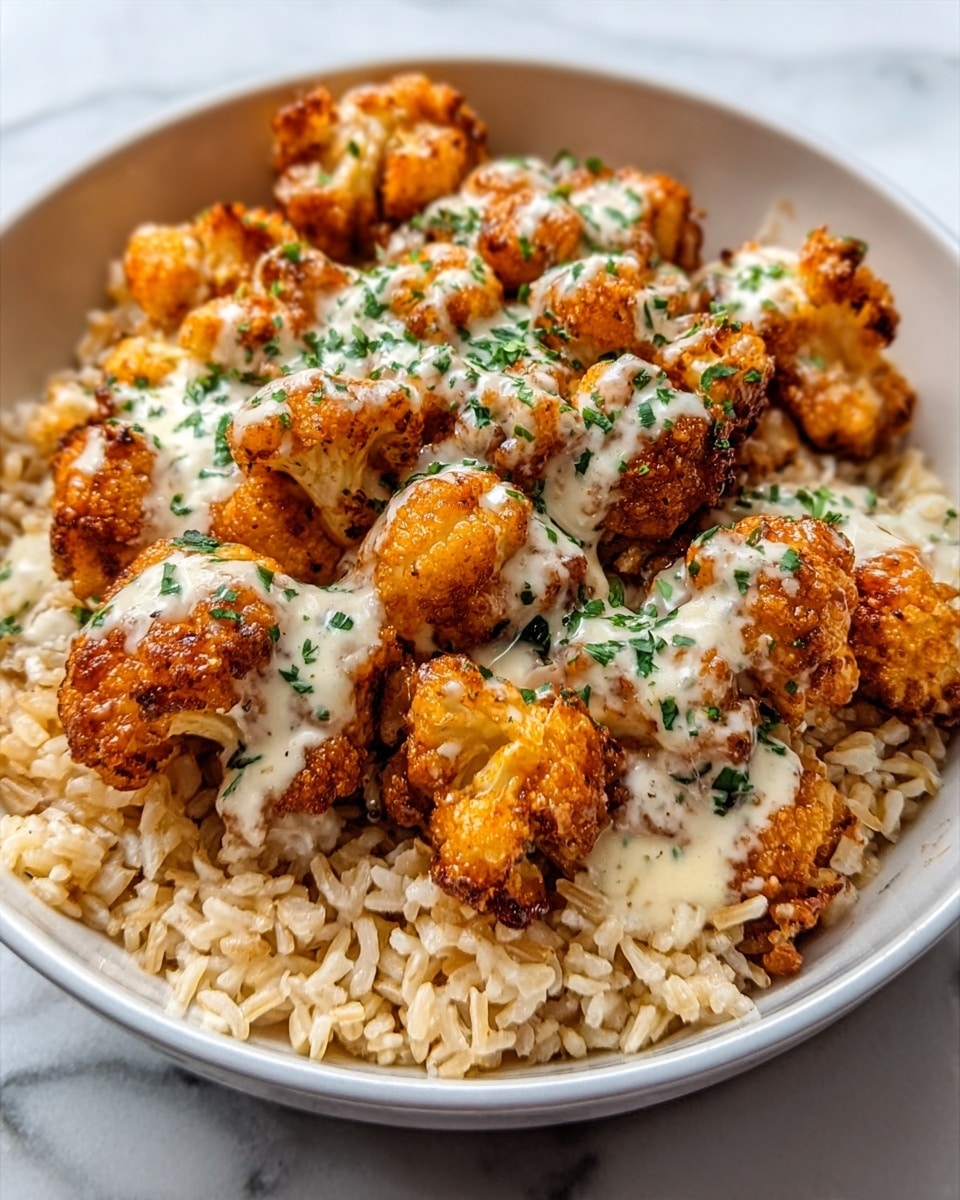 The image shows a white bowl filled with a creamy rice base, light beige in color and slightly textured, topped with golden-brown fried cauliflower pieces that look crispy and well-seasoned. Over the cauliflower, there is a drizzle of white sauce, creamy and smooth, with small green herb bits sprinkled on top. The bowl sits on a white marbled surface. Photo taken with an iphone --ar 4:5 --v 7