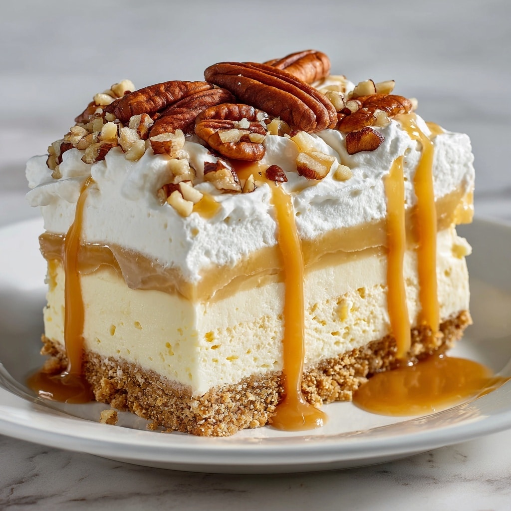 The image shows a thick slice of a multi-layered dessert on a white plate. The bottom layer is a crumbly, light brown crust. Above it, there is a creamy, pale yellow layer. The next layer is a smooth white cream topped with a drizzle of golden caramel sauce dripping down the sides. The top layer is a fluffy white whipped cream, garnished with whole and chopped pecans scattered generously over it. The plate sits on a white marbled surface, and the lighting highlights the glossy texture of the caramel and the creamy layers. Photo taken with an iphone --ar 4:5 --v 7