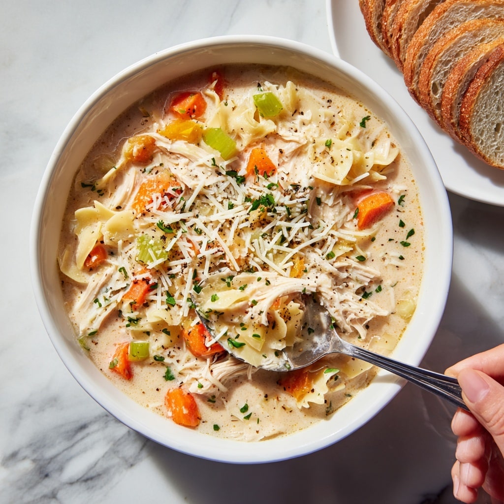 A white bowl filled with creamy chicken soup with visible layers of shredded white chicken, white beans, chopped red and green bell peppers, and small bits of herbs. The soup has a light beige creamy broth topped with a sprinkling of shredded white cheese. A woman's hand is holding a spoon scooping a portion of the soup. The scene is set on a white marbled textured surface with a blue and white cloth partially visible under the bowl. photo taken with an iphone --ar 4:5 --v 7